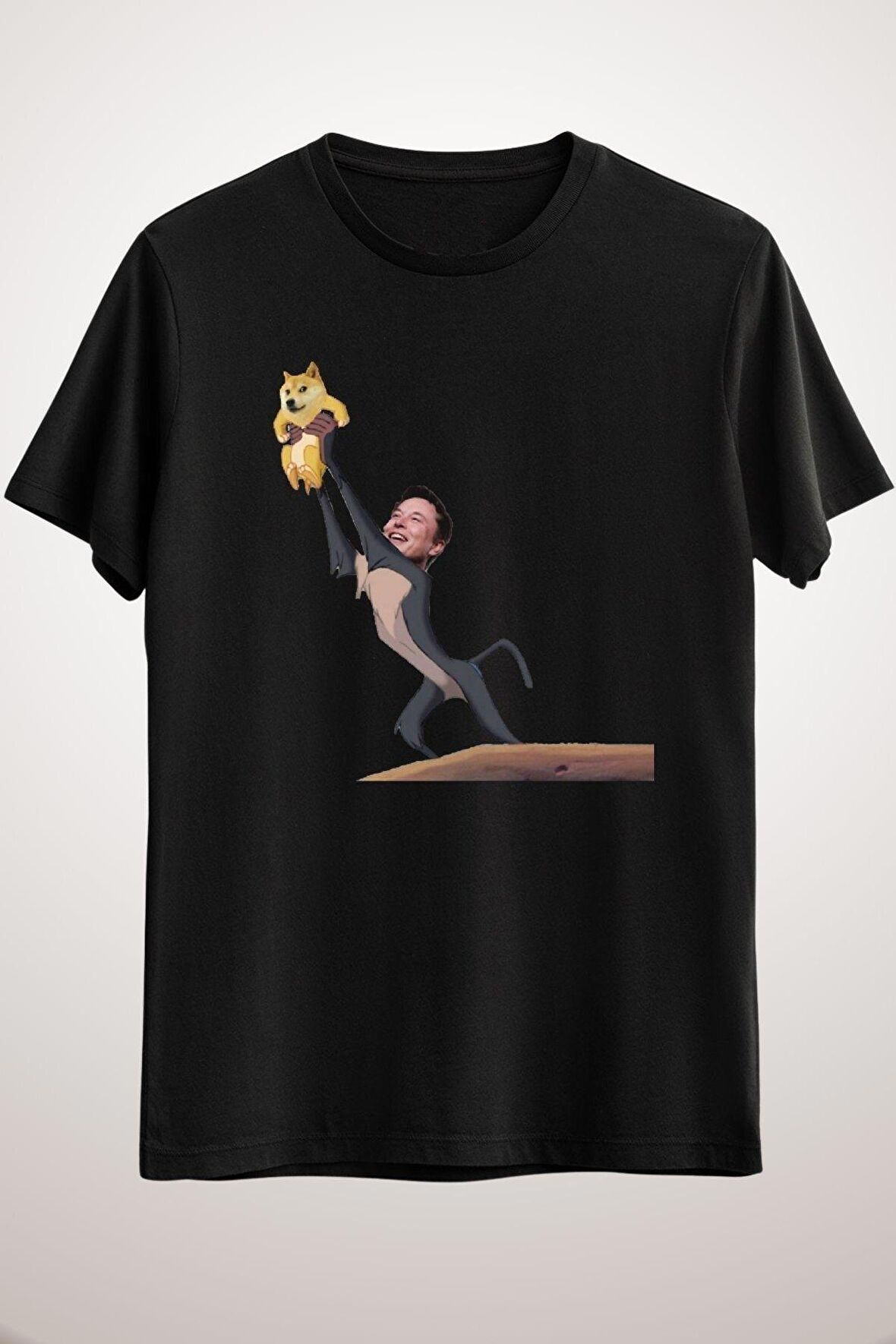 Unisex Siyah Elon Musk Holding Shiba Inu Classic T-shirt