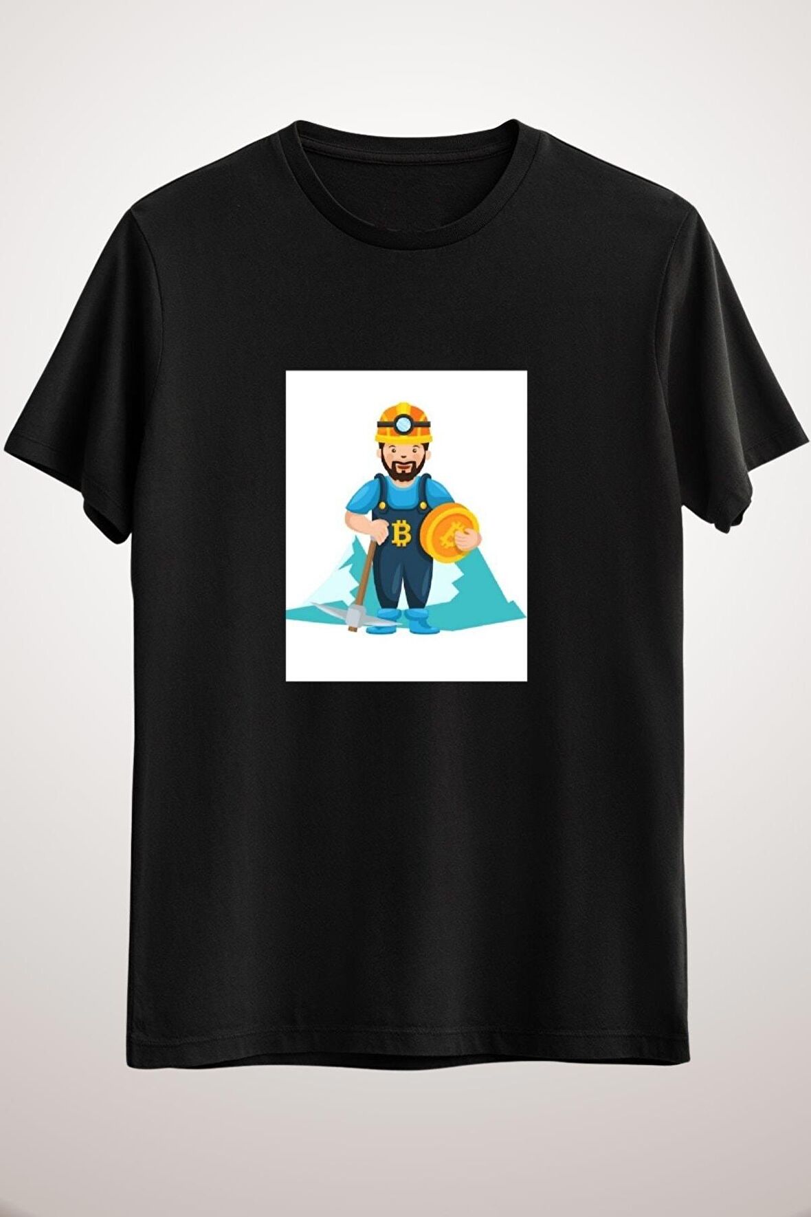 Unisex Siyah Professional Bitcoin Miner Character Illustration Classic T-shirt