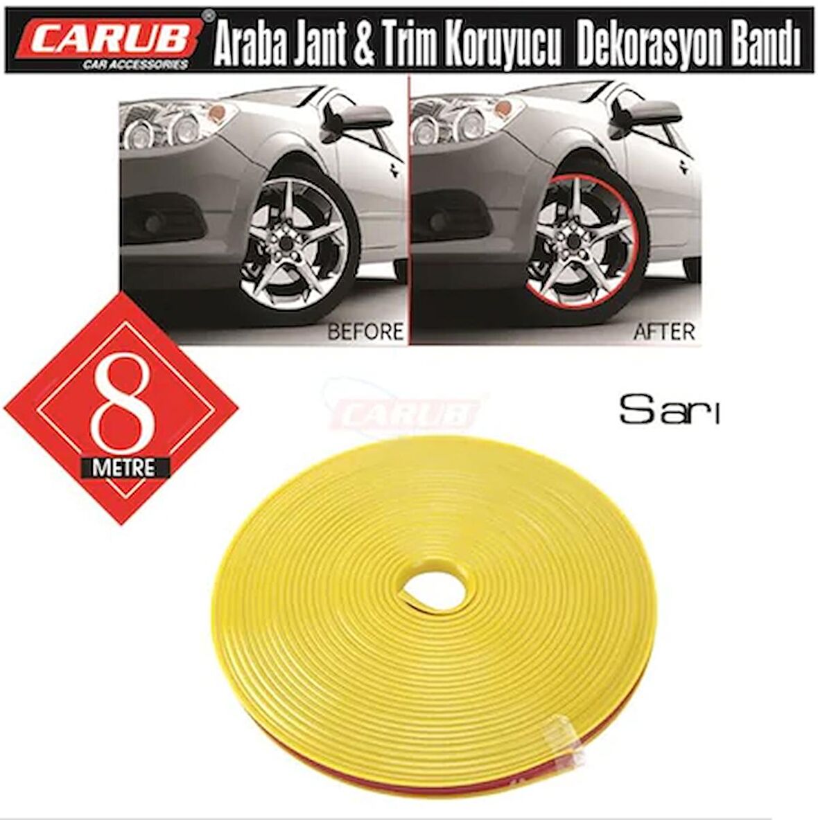 Carub Araba Jant Fitili Lastik Jant Trim Bandı 8 Metre SARI