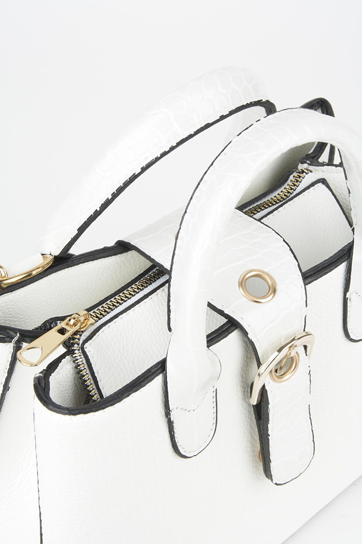 Kadın Beyaz Croco Saplı Askılı 2 Bölme Çıtçıt Fermuar Kapama El Ve Omuz Çantası