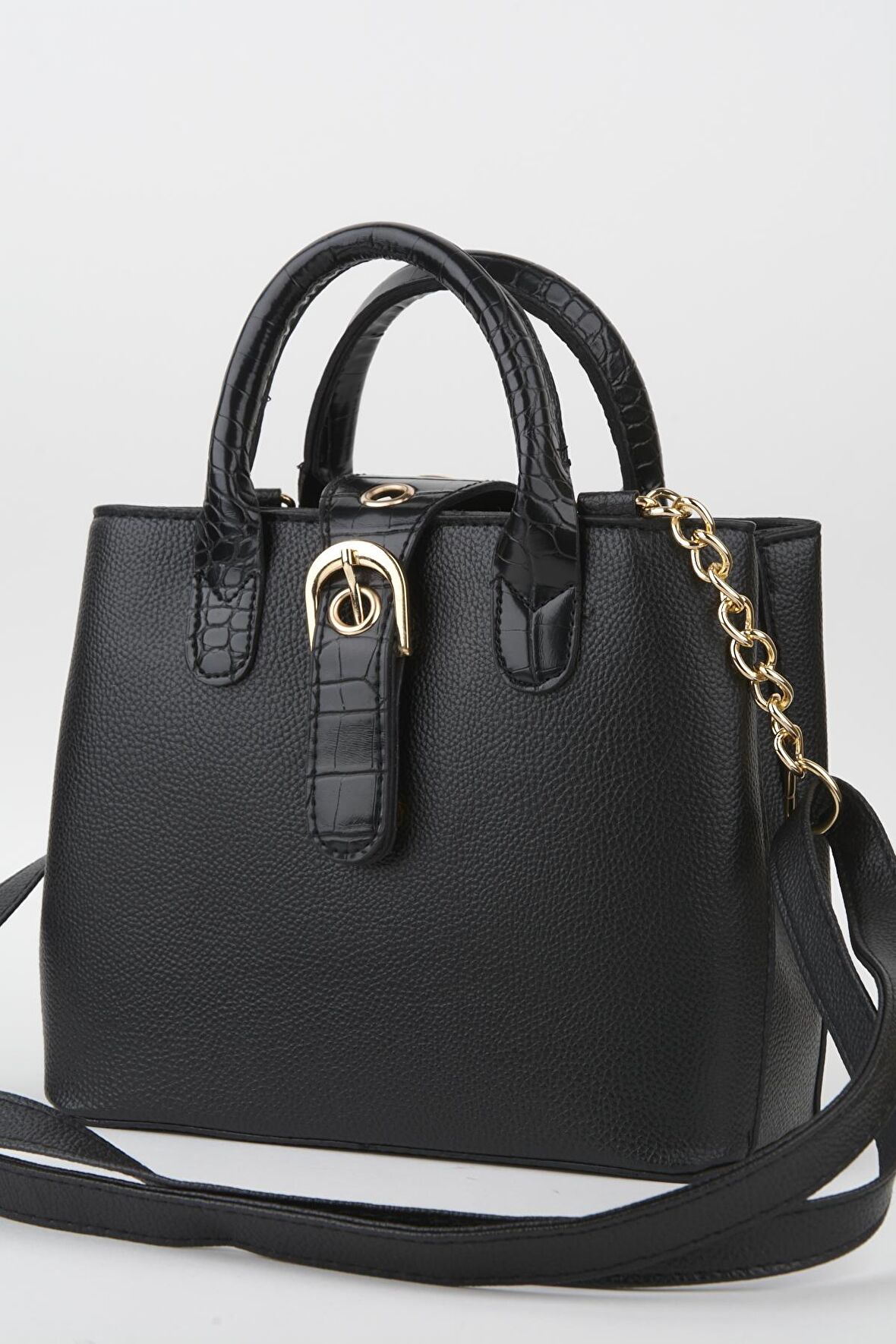  Kadın Siyah Suni Deri Omuz Ve El Askılı Çıtçıt Fermuar Kapama El Ve Omuz Çantası