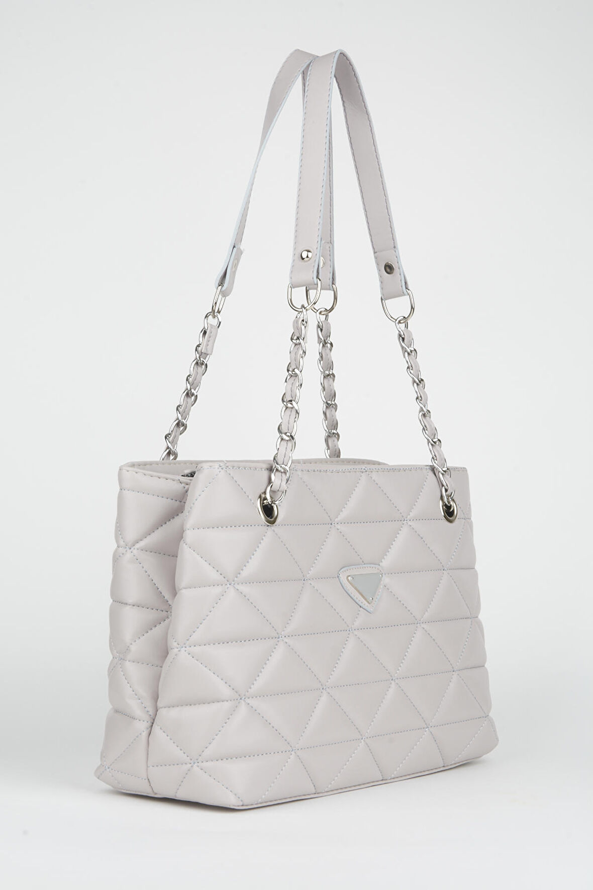 Acık Gri Deri Kapitone 3 Bölme Fermuar Kapama Zincir Askılı Astarlı El Kol Ve Omuz Çantası