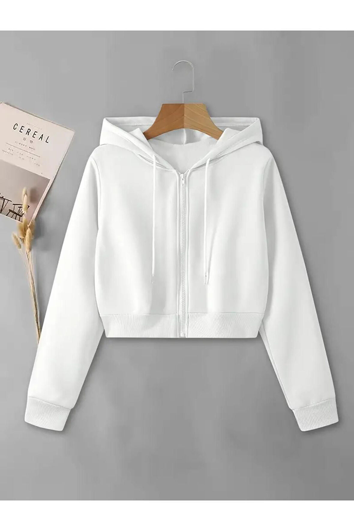 Kadın Fermuarlı Oversize Kapşonlu Crop Hırka