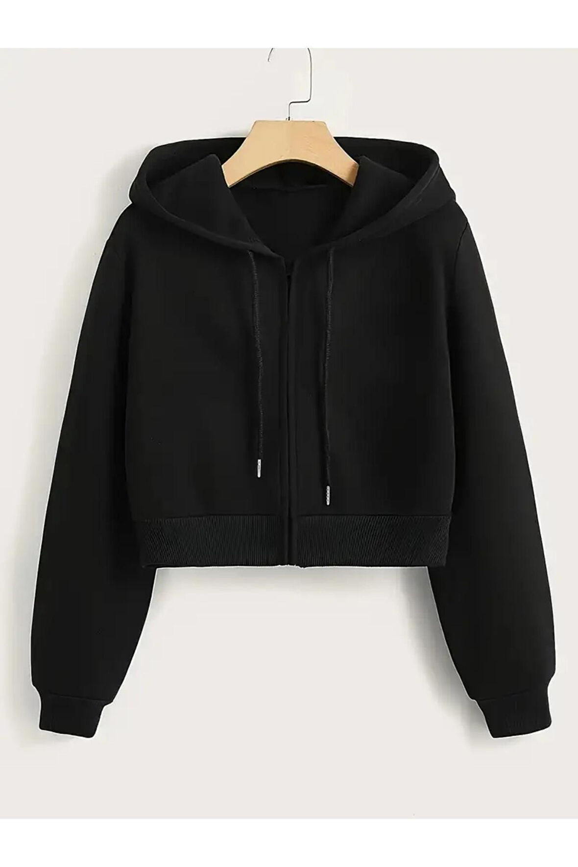 Kadın Fermuarlı Oversize Kapşonlu Crop Hırka