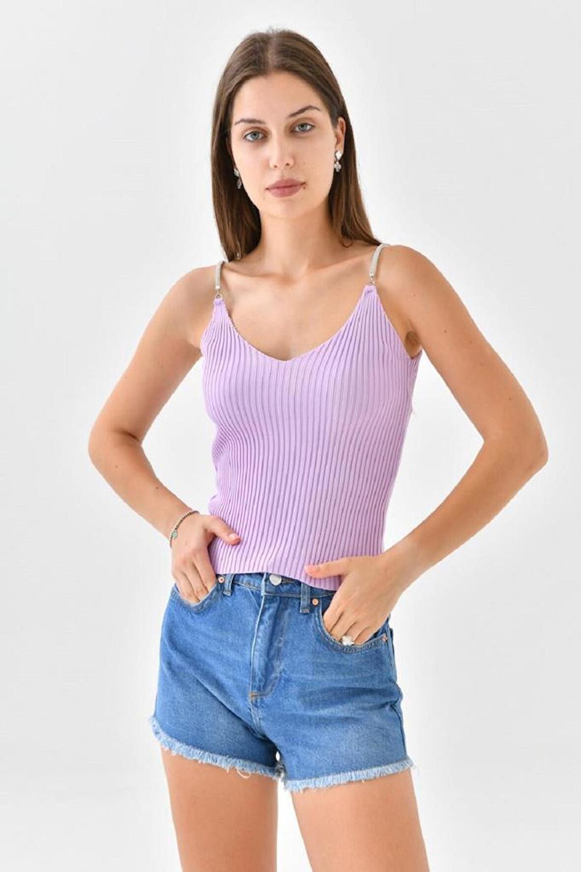 Askılı Sim Detaylı Lila Triko Crop Top
