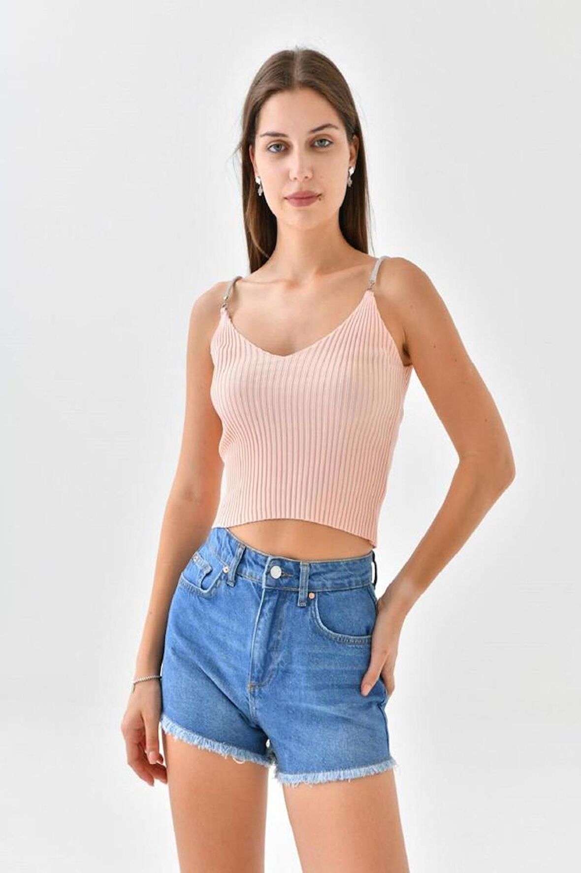 Askılı Sim Detaylı Pudra Mini Triko Crop Top