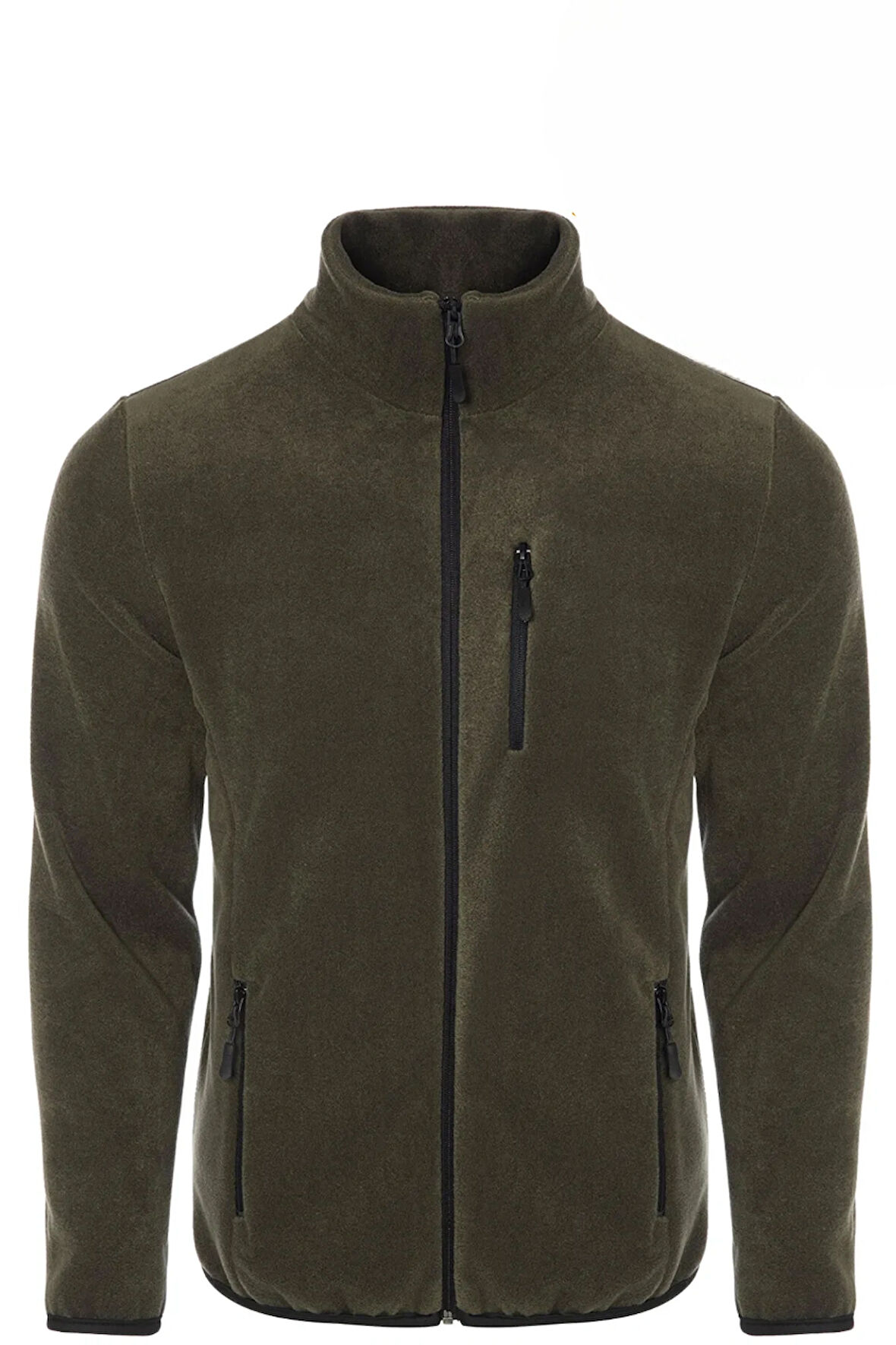 Unisex Haki Polar Standart Tam Fermuarlı 3 Cepli Polar Hırka
