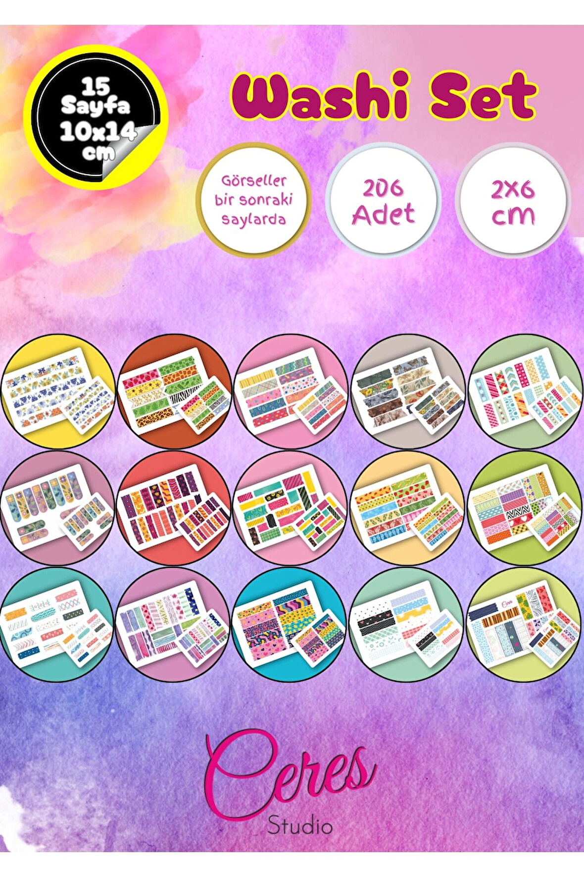 15 Sayfa 206 Adet Washi Tape Etiket Sticker Set (9x13cm 15 Sayfa Toplam 206 Bant)