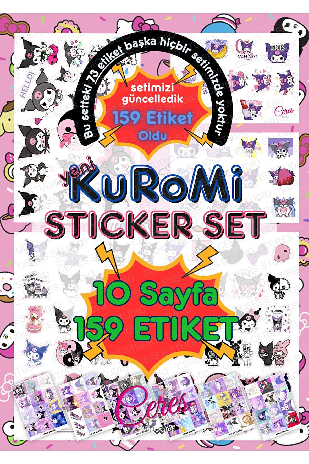 Kuromi Sanrio Sticker Set - 10 Sayfa 159 Adet Etiket ( Planlayıcı Bullet Journal Için Uygundur.)