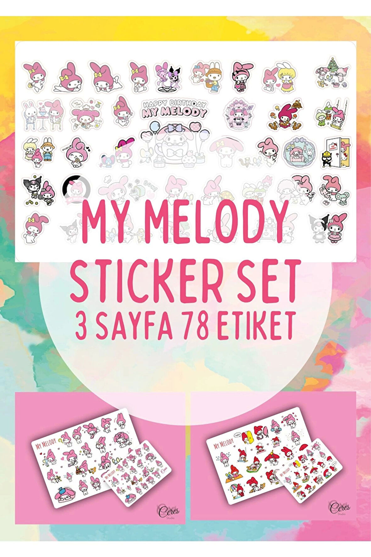 My Melody Sticker Set - 3 Sayfa 78 Adet Etiket