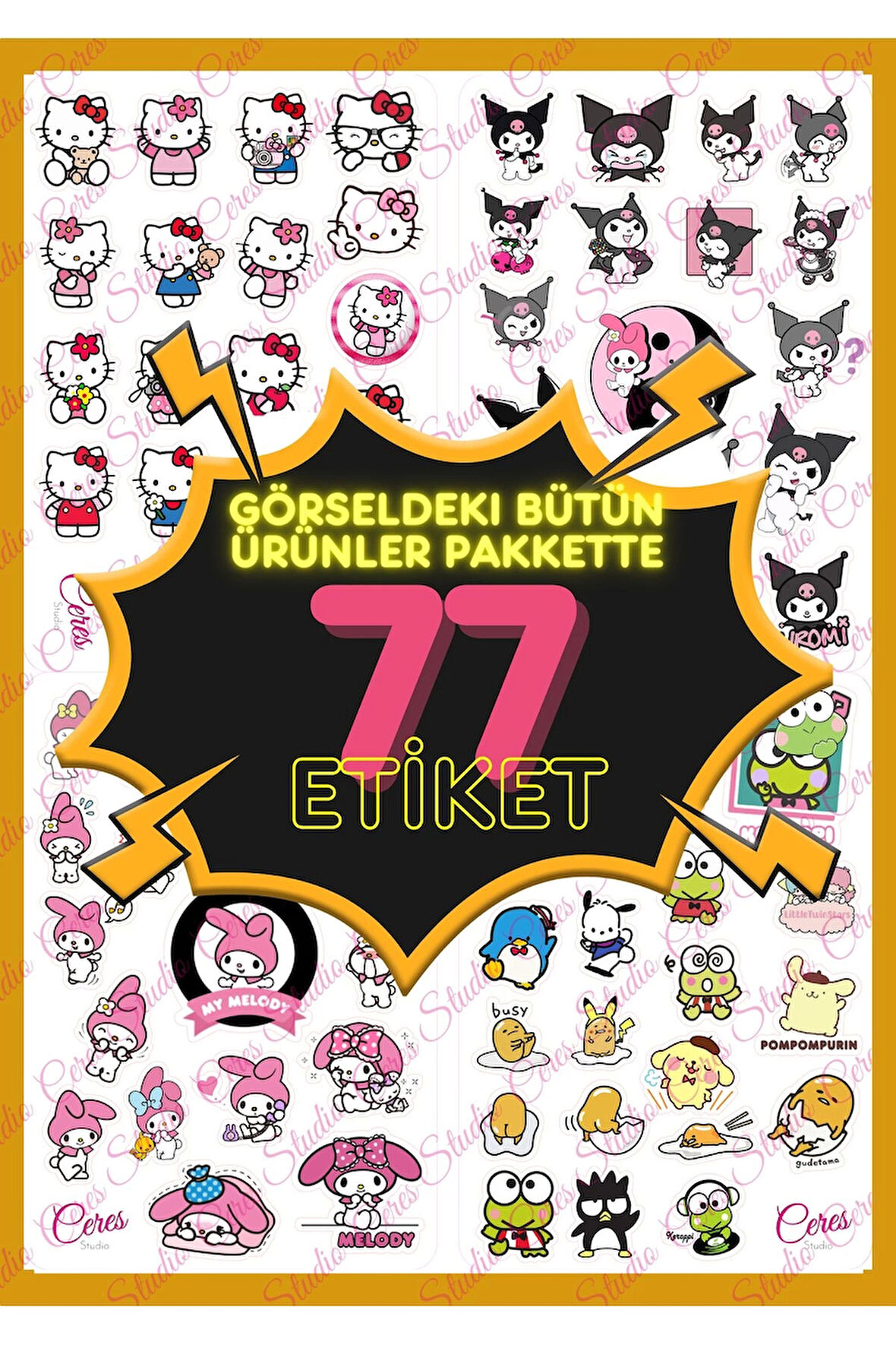 Hello Kitty Ve Arkadaşları Kuromi My Melody Cinnamoroll 77 Etiket Bullet Journal Telefon Sticker