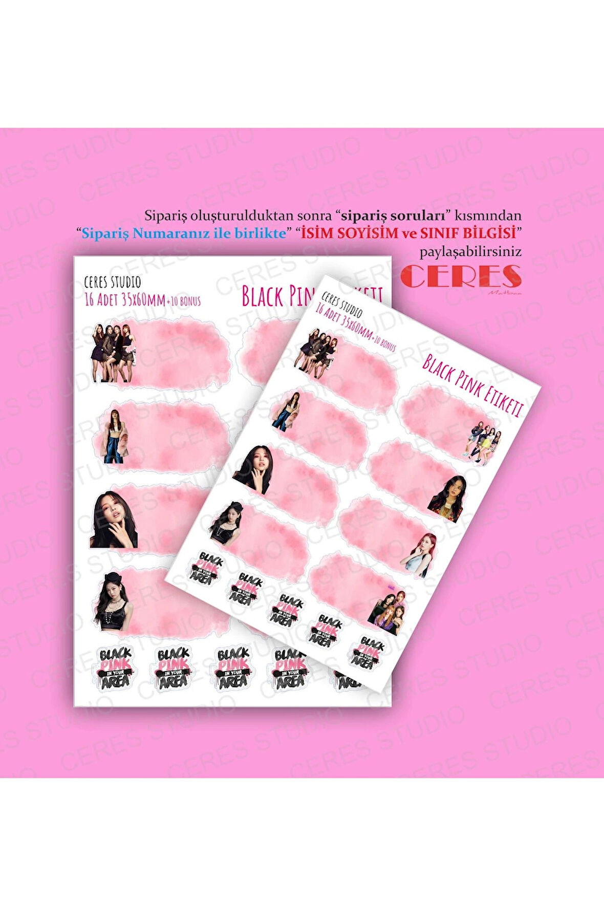 Black Pink Okul Etiketi 16 Adet 35x60mm Etiket + 10 Adet Sticker