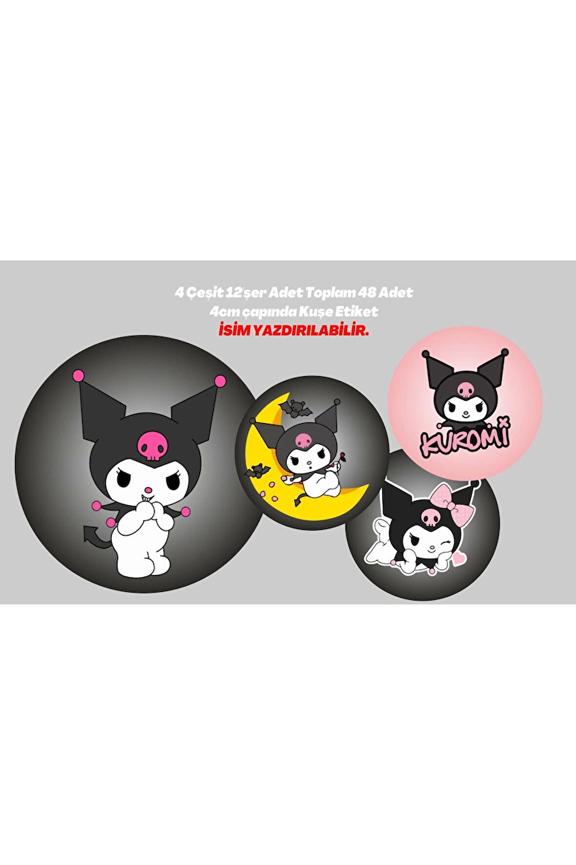 Kuromi Etiket 4 Çeşit Toplam 48 Adet 4cm - Kişiselleştirilebilir - Organizasyon için uygundur.