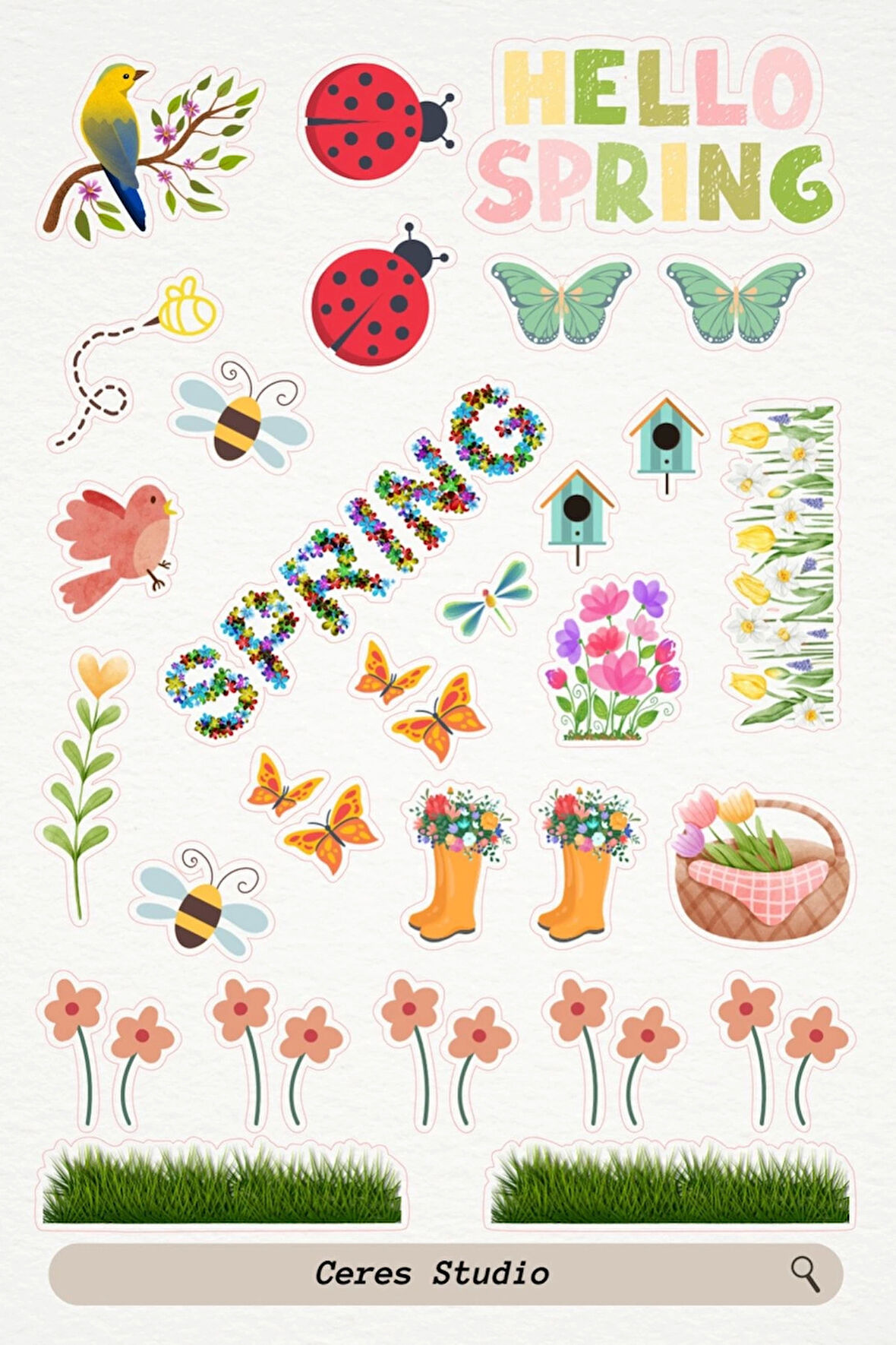 Hello Spring Merhaba Ilkbahar Tema Sticker Etiket 2 Sayfa (13X19CM) 72 Adet Etiket