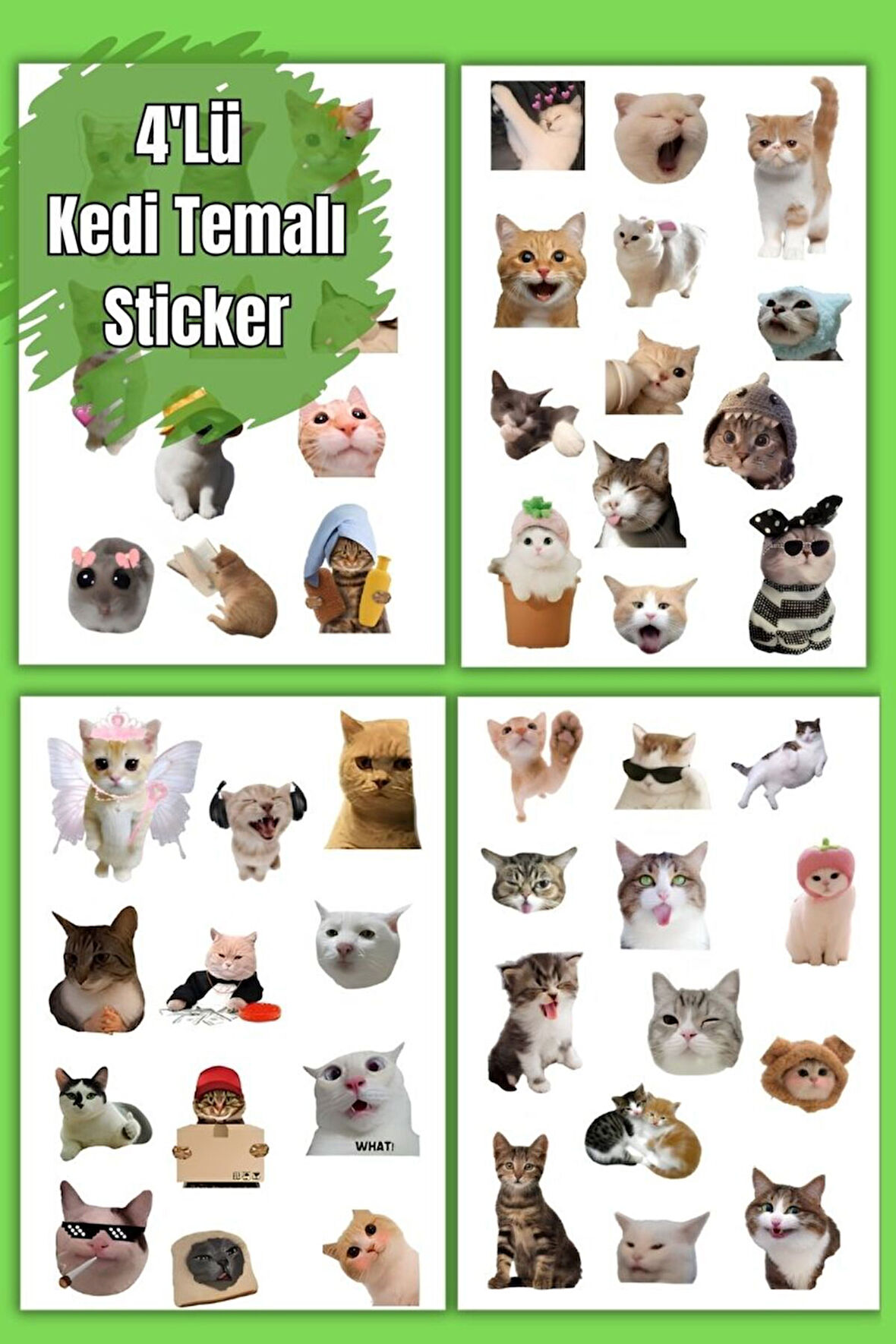 Komik Kediler 4' Lü Set, Sticker, Etiket, Ajanda, Günlük, Planlayıcı, Scrapbook,Laptop,Matara