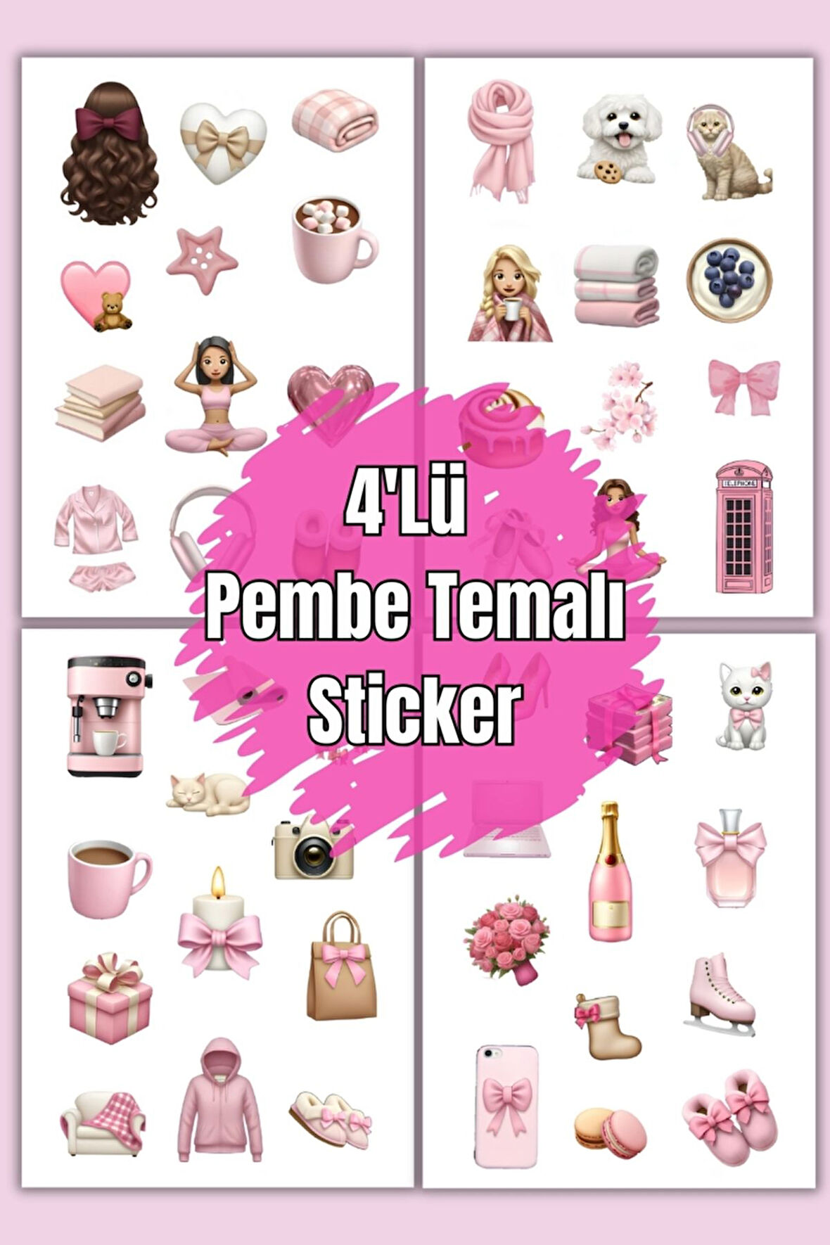4 Lü Pink Girls Sticker Set Sevimli Pempe Temalı Sticker Set Sticker Set's