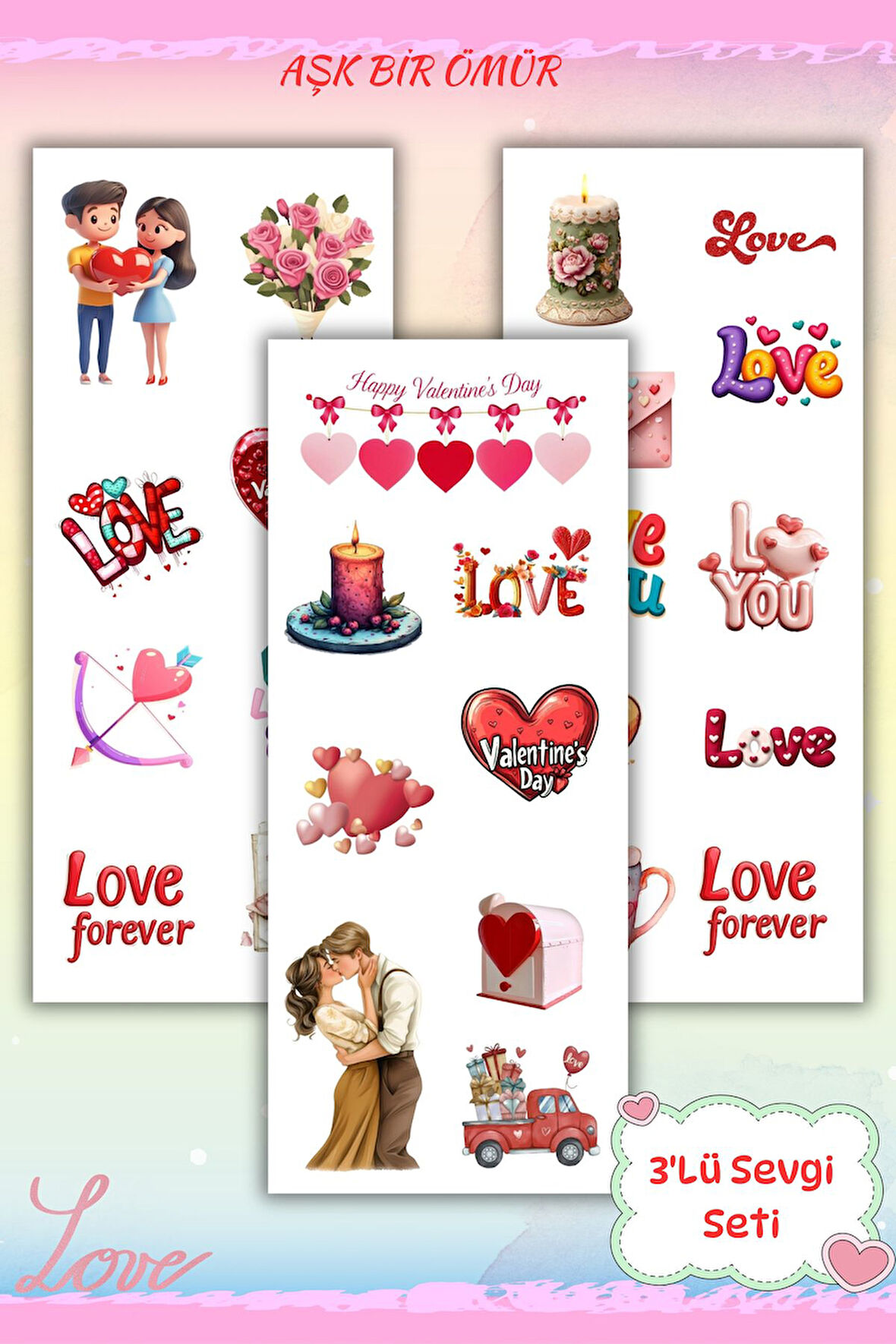 Sevgili,aşk ,sevgililer Günü 3'Lü Sticker Seti Planner Ajanda Bullet Journal Için Uygun Set