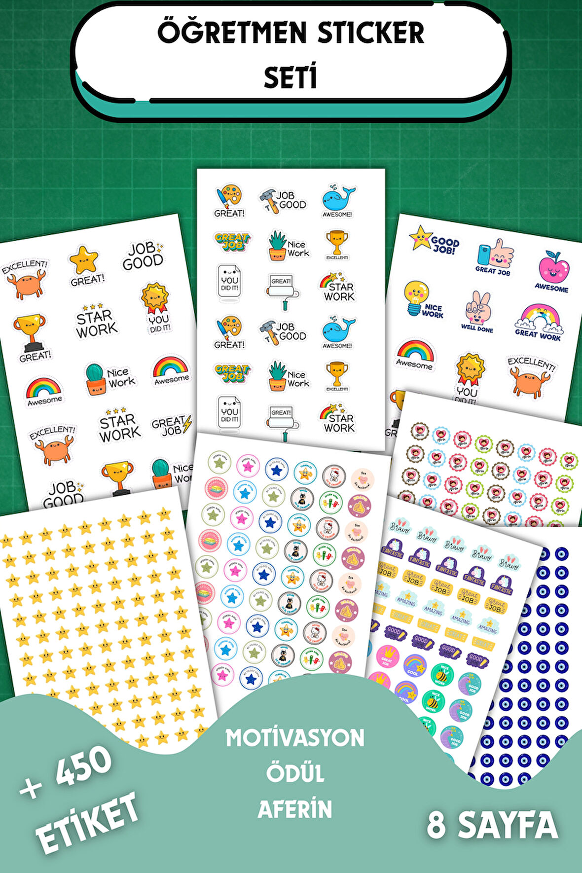 8 Sayfa Öğretmen Sticker Seti Öğrenci/ Ödül/ Ödev Stickerı/Motivasyon/450 den Fazla Etiket