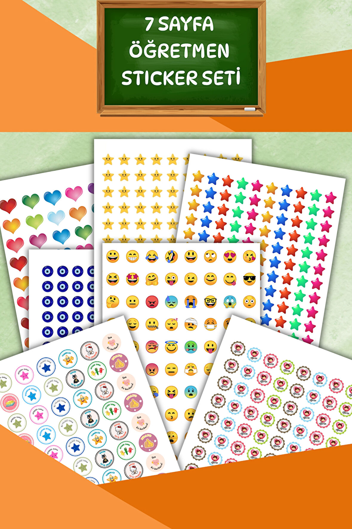 7 Sayfa Öğretmen Sticker Seti Öğrenci/ Ödül/ Ödev Stickerı/A4 Boyutu