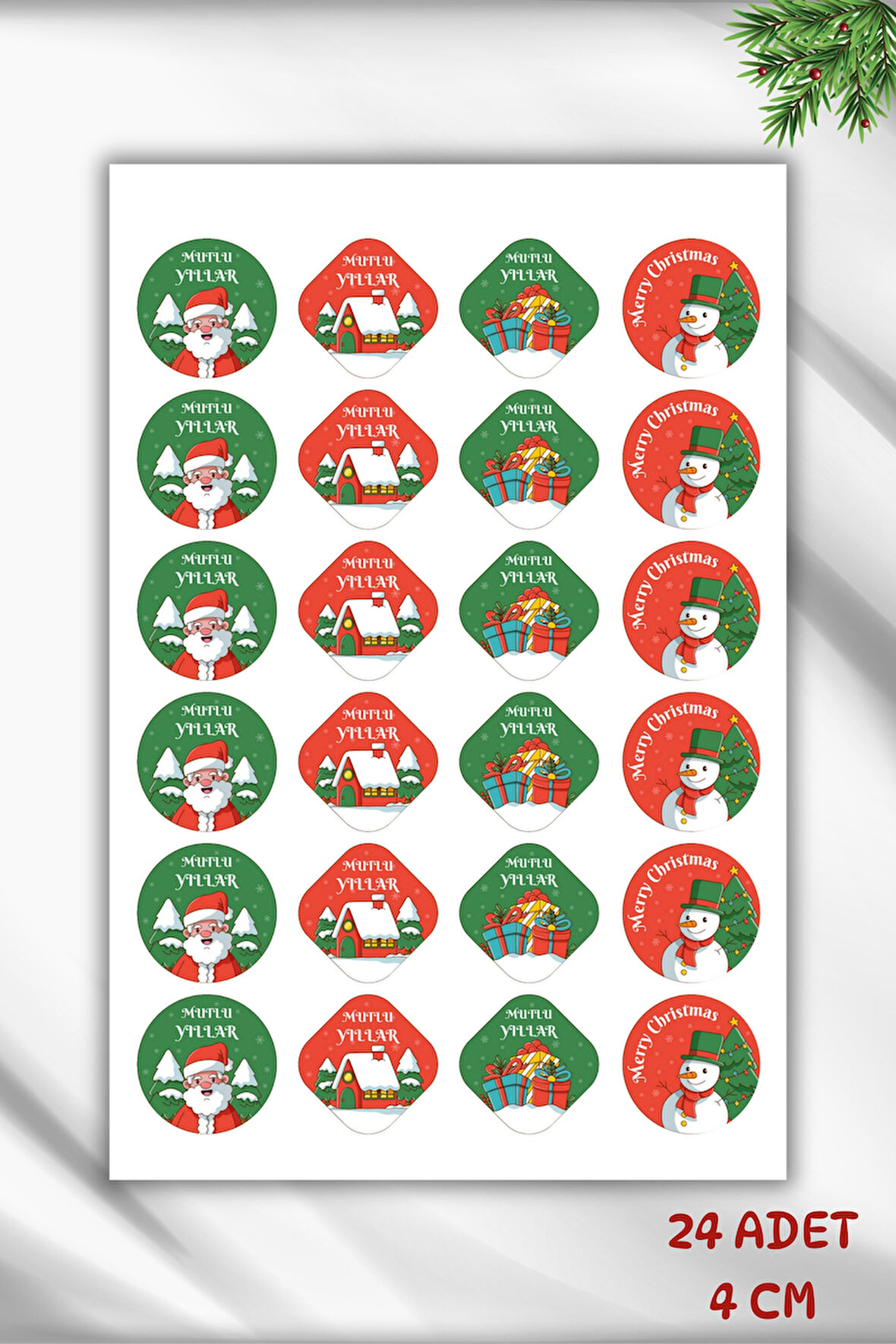 Merry Christmas Sticker Mutlu Yıllar Etiket 4 cm 24 adet Yeni yıl yılbaşı Paketleme Süsleme Hediye