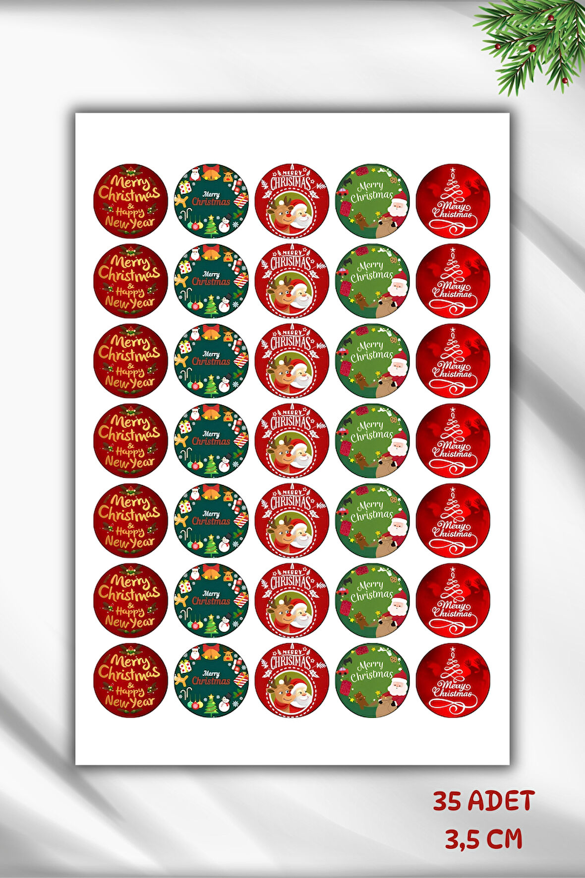 35 ADET 3,5 CM YILBAŞI TEMALI ETİKET, YAPIŞKANLI STİCKER, HEDİYE PAKETİ ETİKETİ
