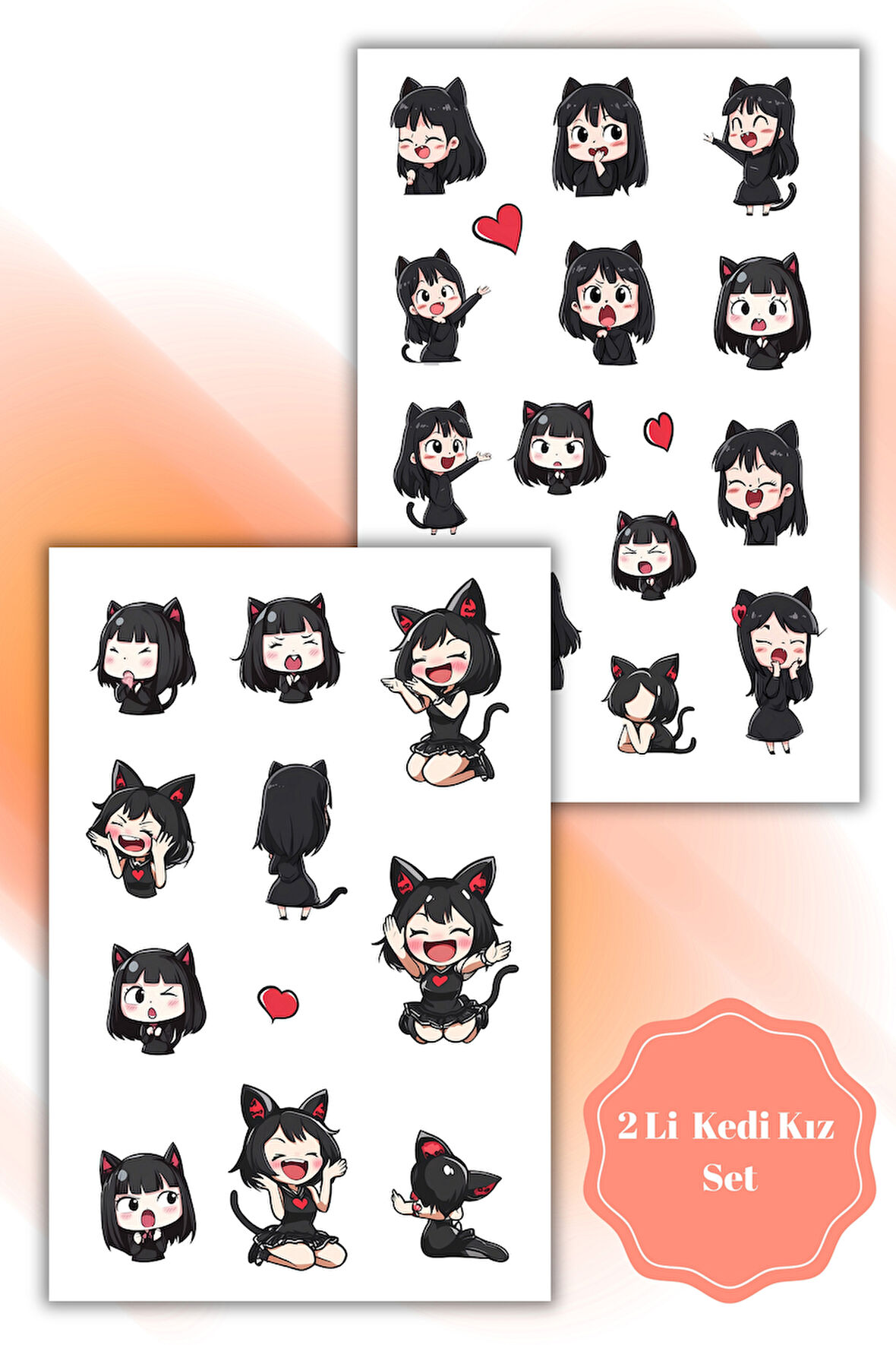 2 Li Kedi Kız Sticker Set /Anime/Laptop/Telefon/Defter/Ajanda/Hediye/Süsleme/Bullet Journal