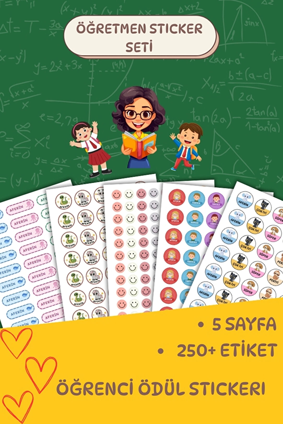 5 Sayfa Öğretmen Sticker Seti Öğrenci/ Ödül/ Ödev Stickerı/Yaklaşık A5 Boyutu
