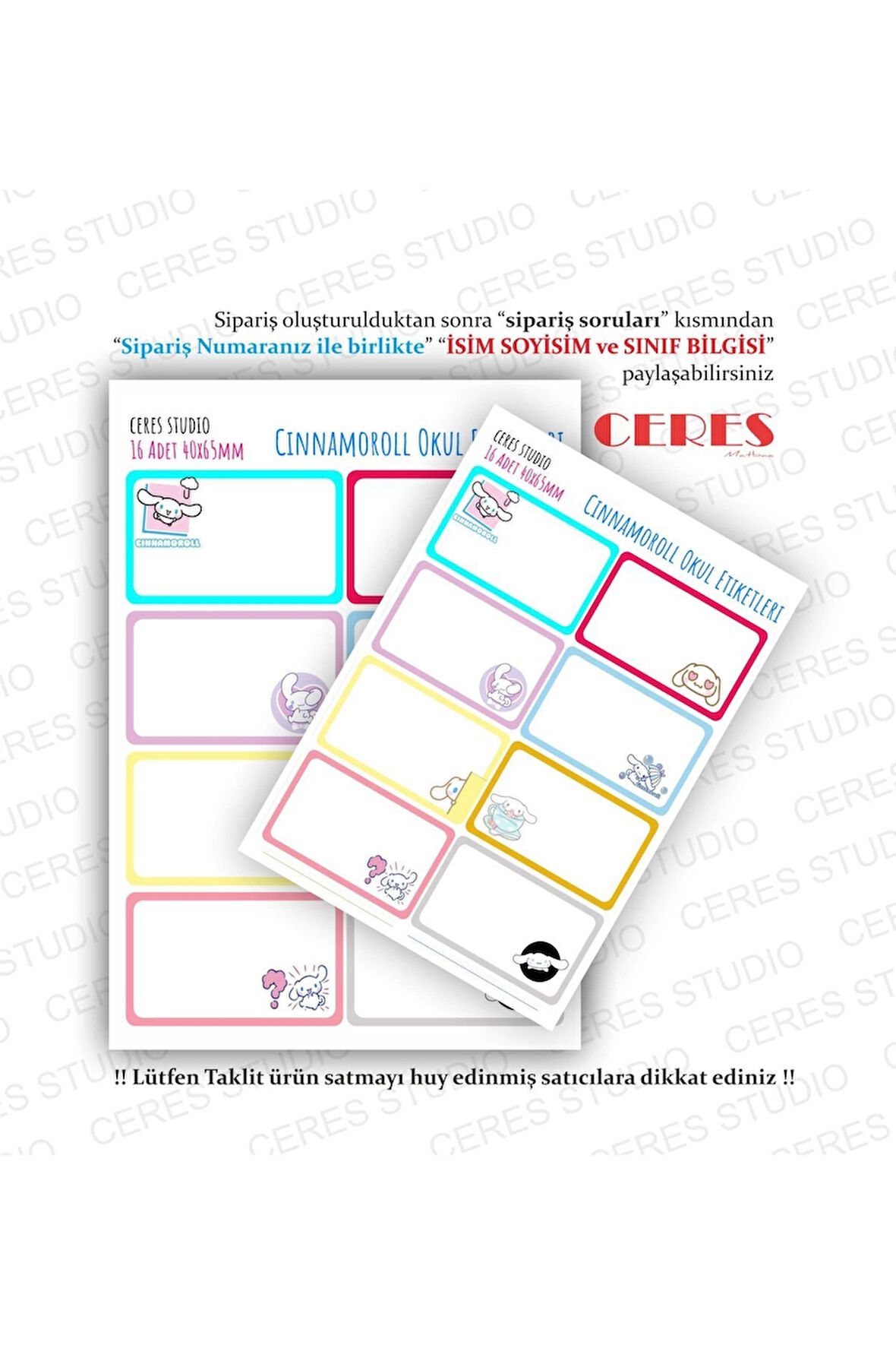Cinnamoroll Sanrio Okul Etiketi 16 Adet 40x65mm Etiket