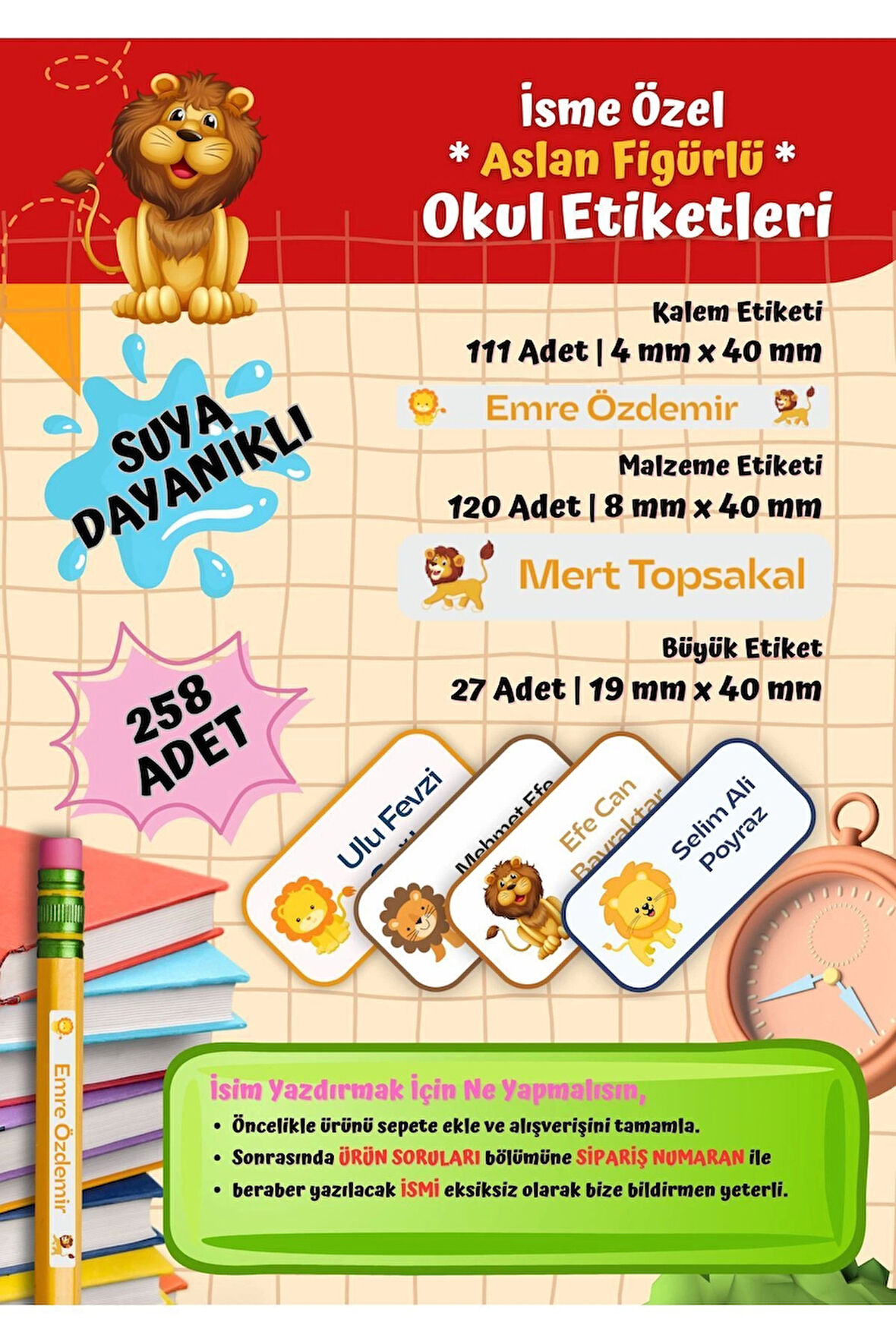 ASLAN Okul Etiketi Defter Etiketi Kalem Etiketi Kişiye Özel Suya Dayanıklı İsim Yazılabilien