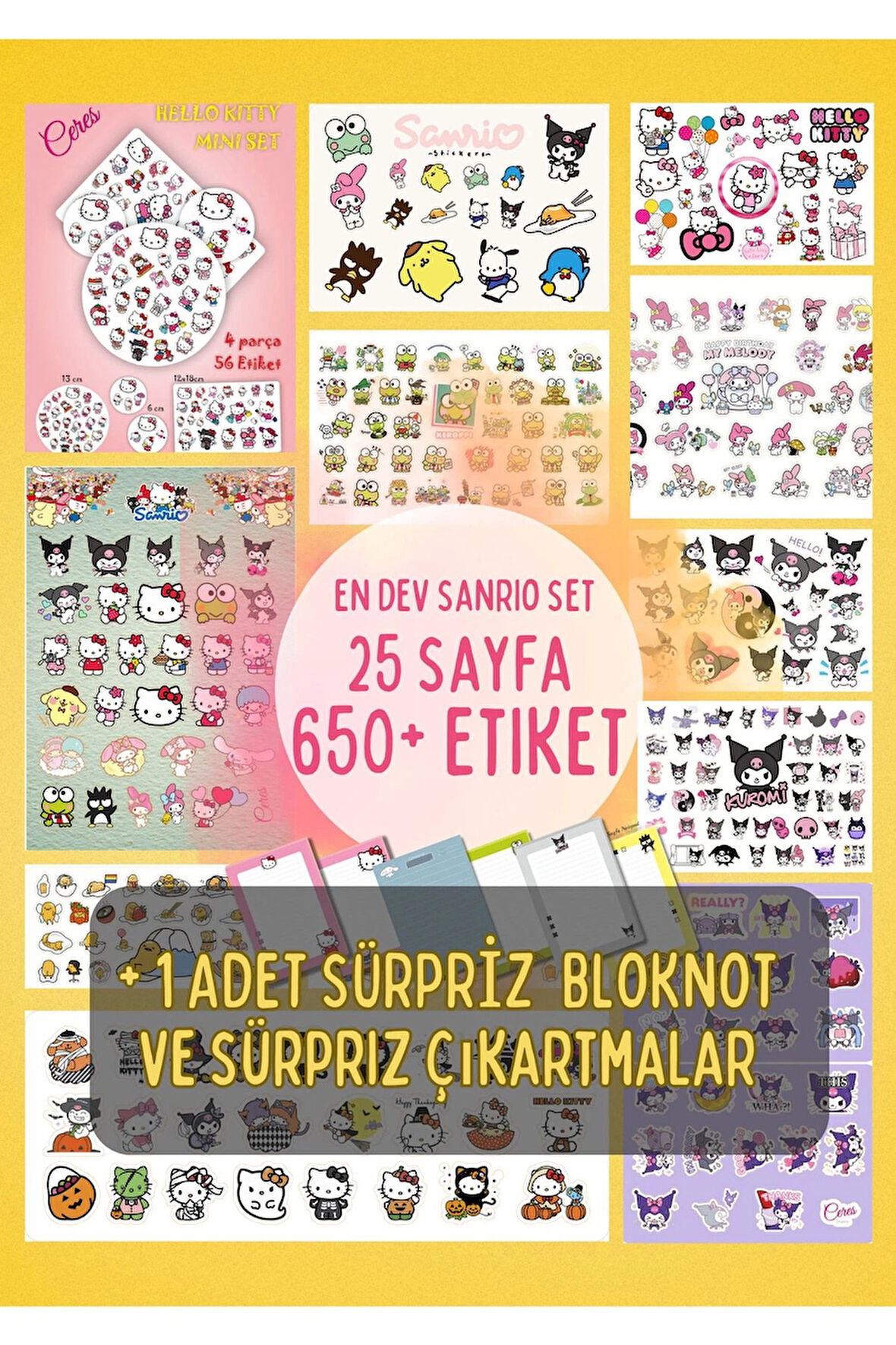En Dev Sanrio Sticker Set Hello Kitty Kuromi 25 Syf 650+ Etiket + 1 Bloknot (bullet Journal)