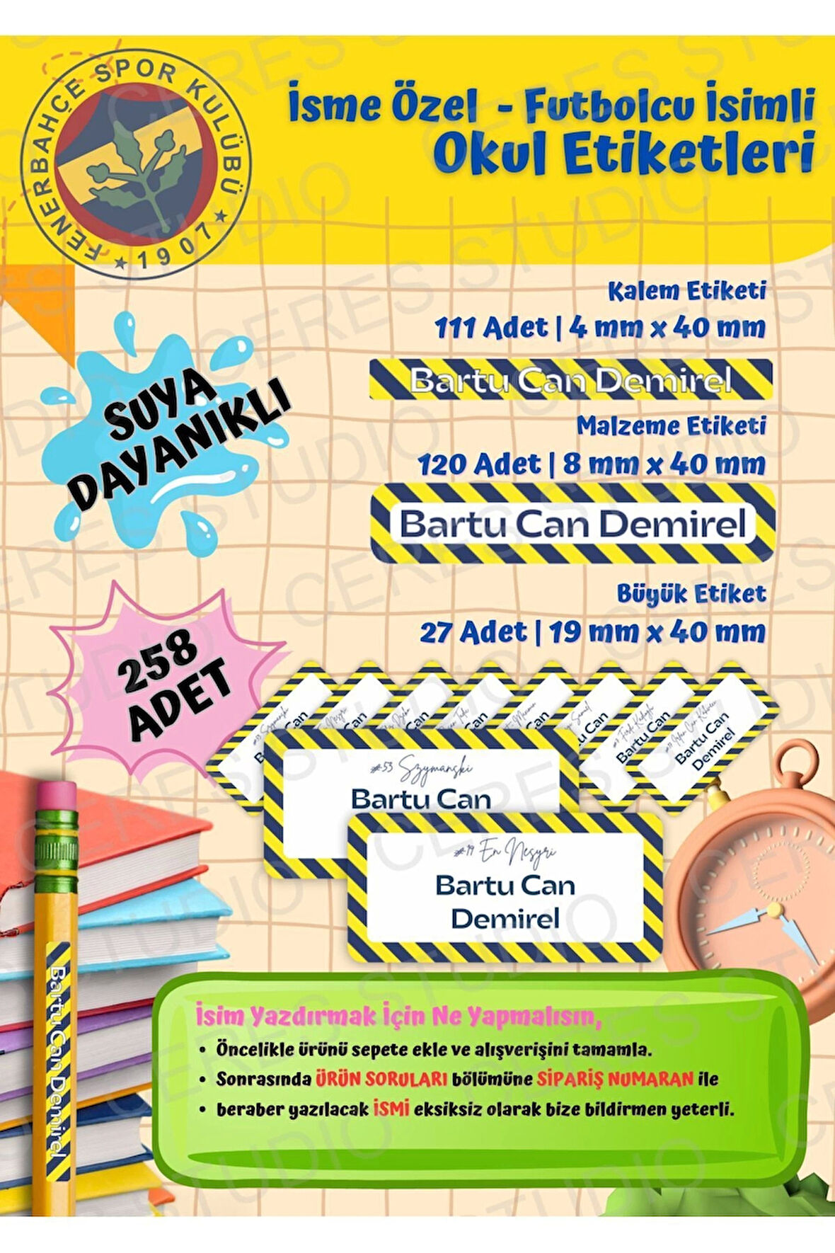 Fenerbahçe Taraftar Etiketi Okul Etiketi Defter Etiketi Kalem Etiketi Kişiye Özel Suya Dayanıklı