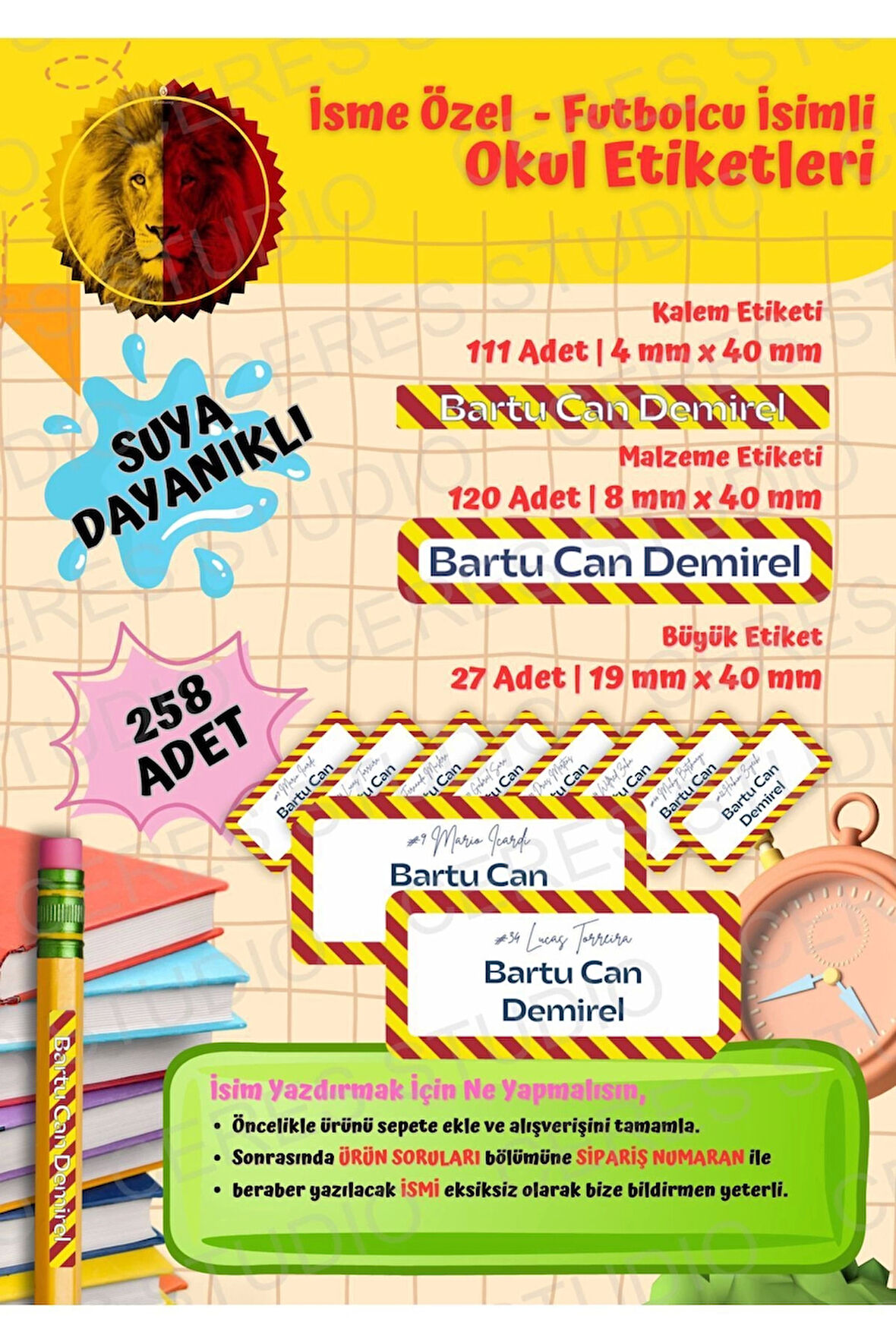 Galatasaray Taraftar Etiketi Okul Etiketi Defter Etiketi Kalem Etiketi Kişiye Özel Suya Dayanıklı