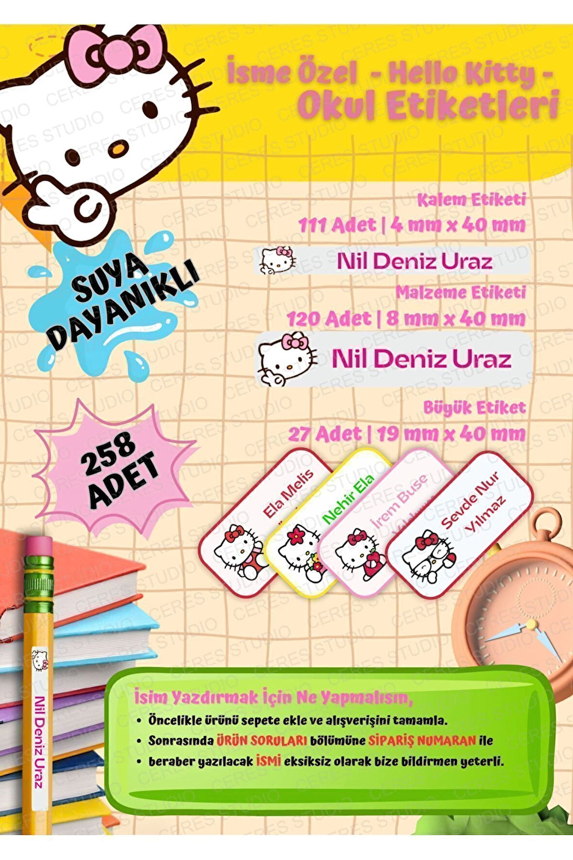 Hello Kitty Okul Etiketi Defter Etiketi Kalem Etiketi Kişiye Özel Suya Dayanıklı İsim Yazılabilien