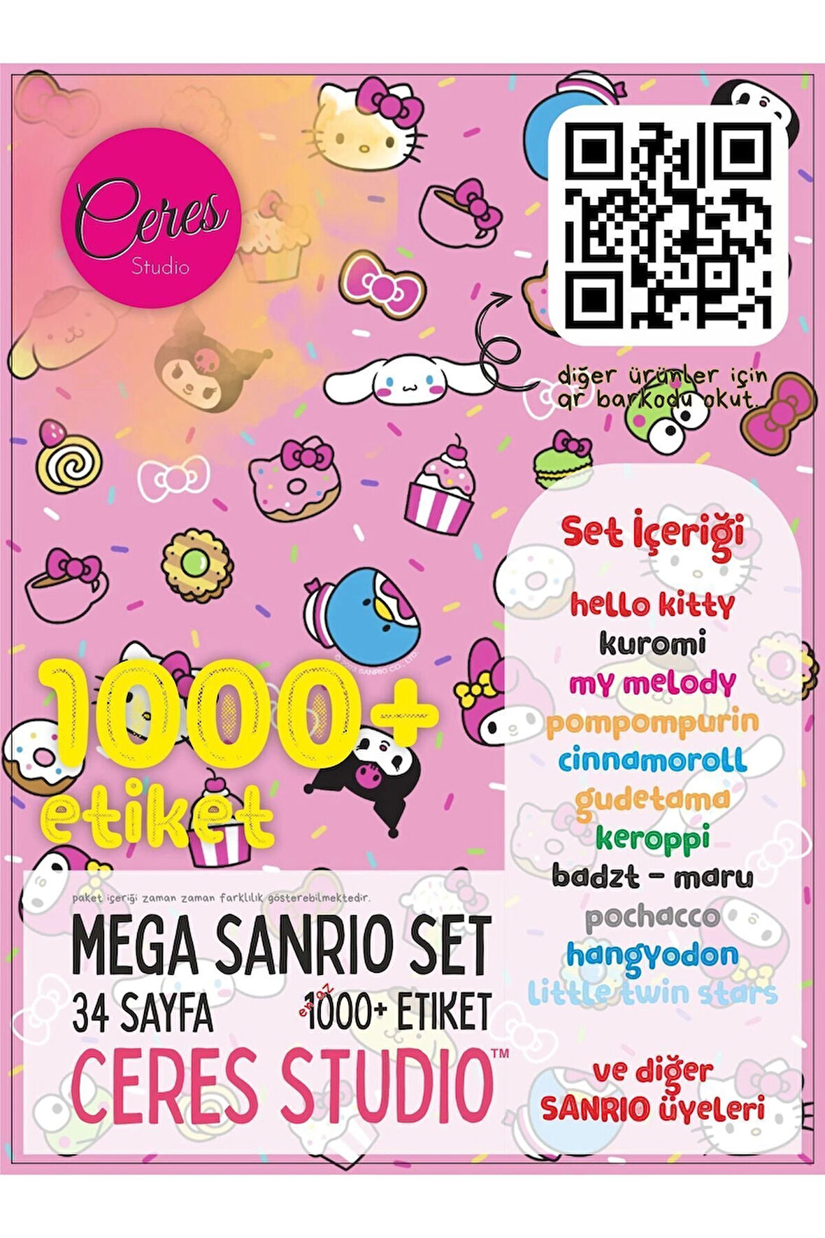 Sanrio Sticker Set Hello Kitty Kuromi Melody Cinnamoroll 34 Syf 1000 Journal Telefon Etiket