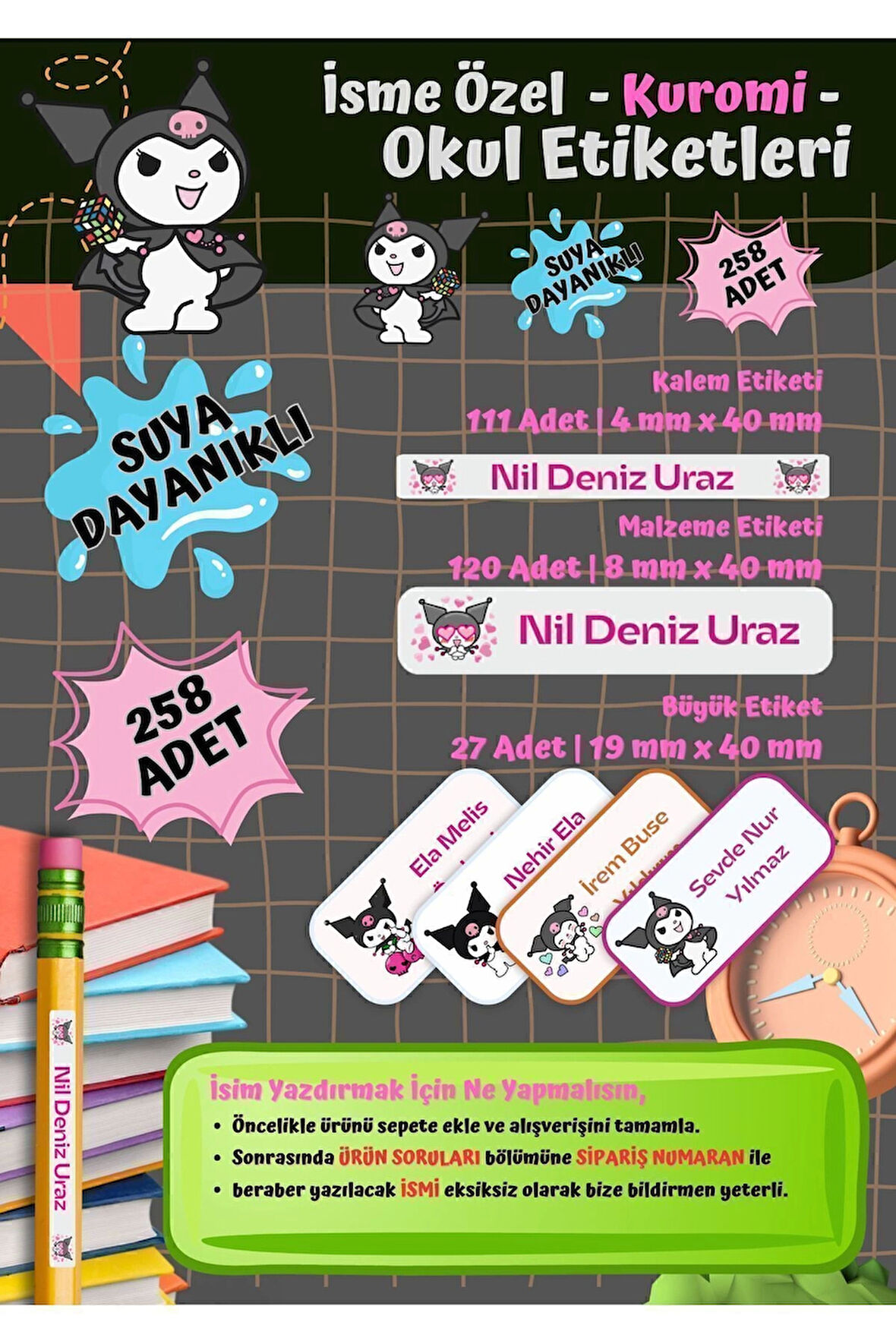 Kuromi Okul Etiketi Defter Etiketi Kalem Etiketi Kişiye Özel Suya Dayanıklı İsim Yazılabilien