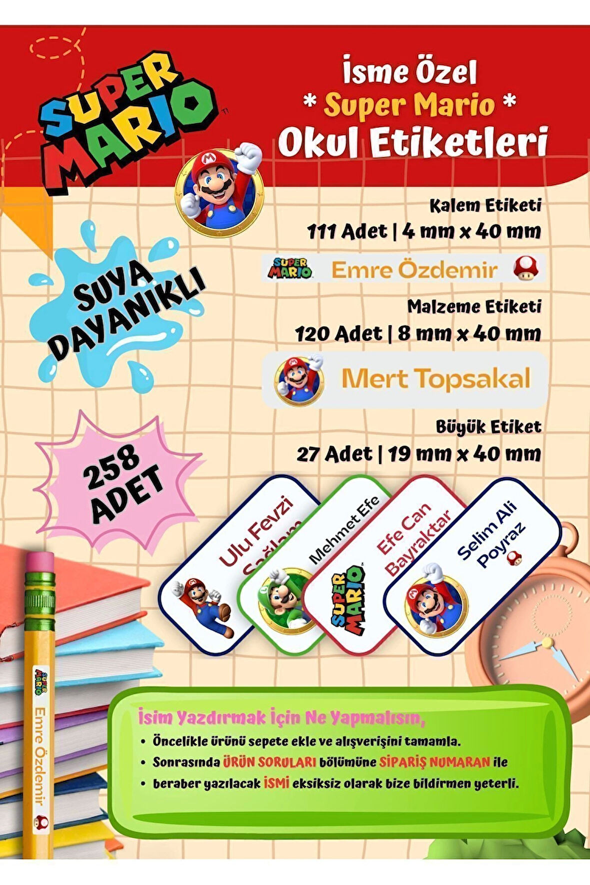 Super Mario Okul Etiketi Defter Etiketi Kalem Etiketi Kişiye Özel Suya Dayanıklı İsim Yazılabilien
