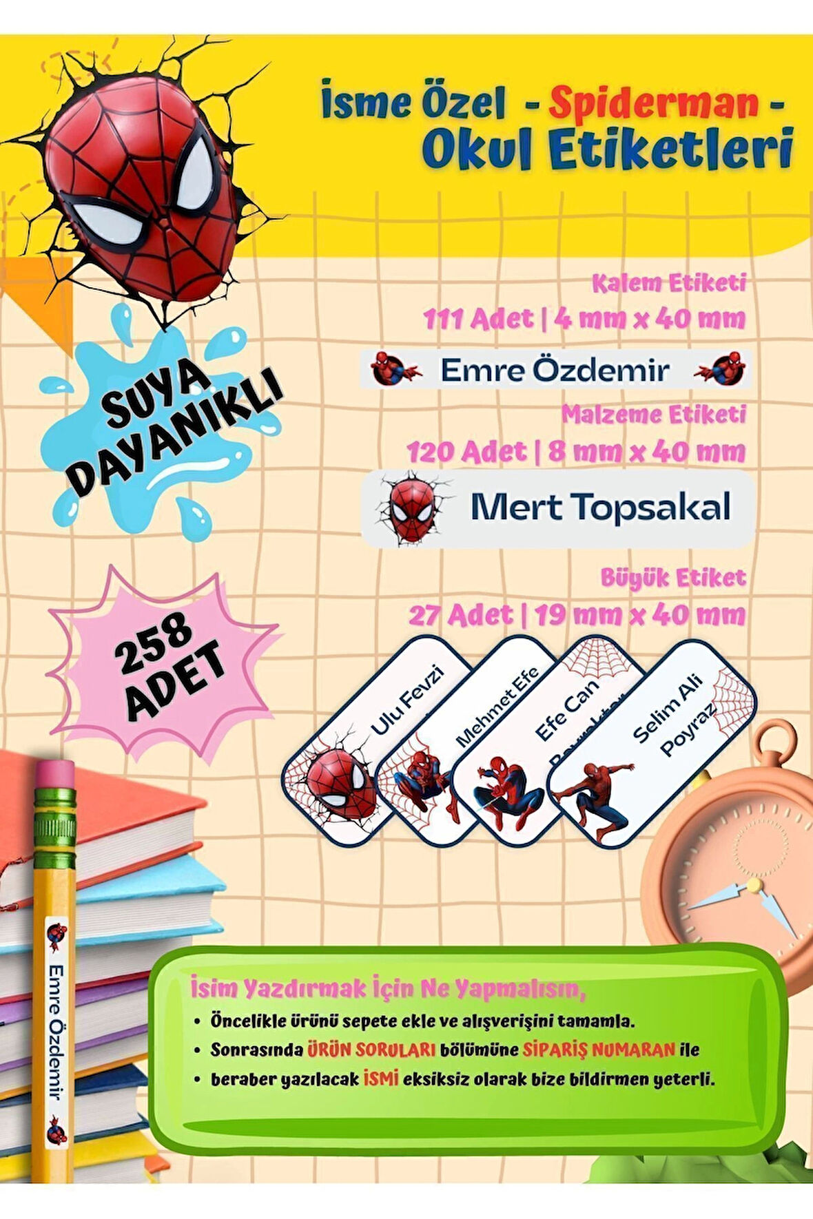 Örümcek Adam Spider Okul Etiketi Kalem Etiketi Kişiye Özel Suya Dayanıklı İsim Yazılabilien