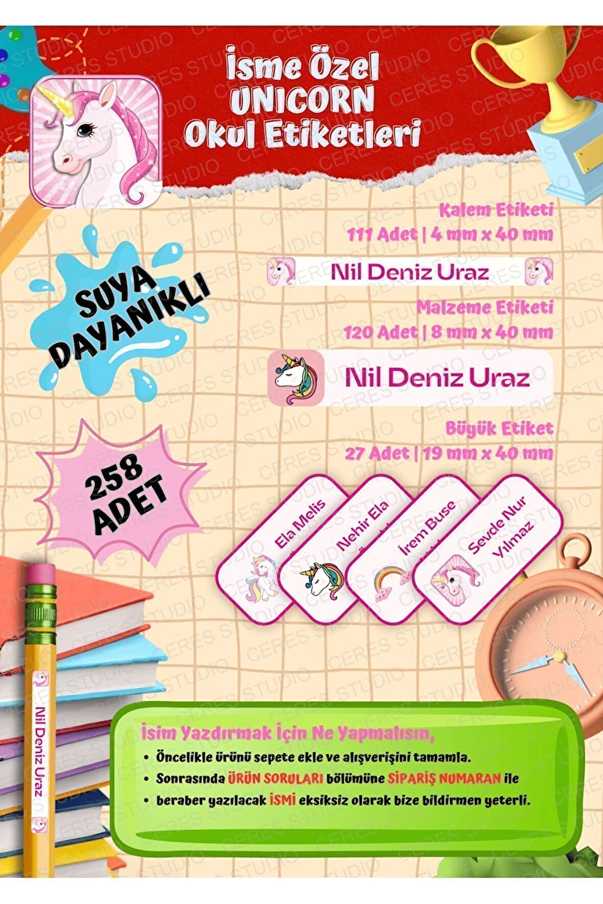 Unicorn Okul Etiketi Defter Etiketi Kalem Etiketi Kişiye Özel Suya Dayanıklı İsim Yazılabilien