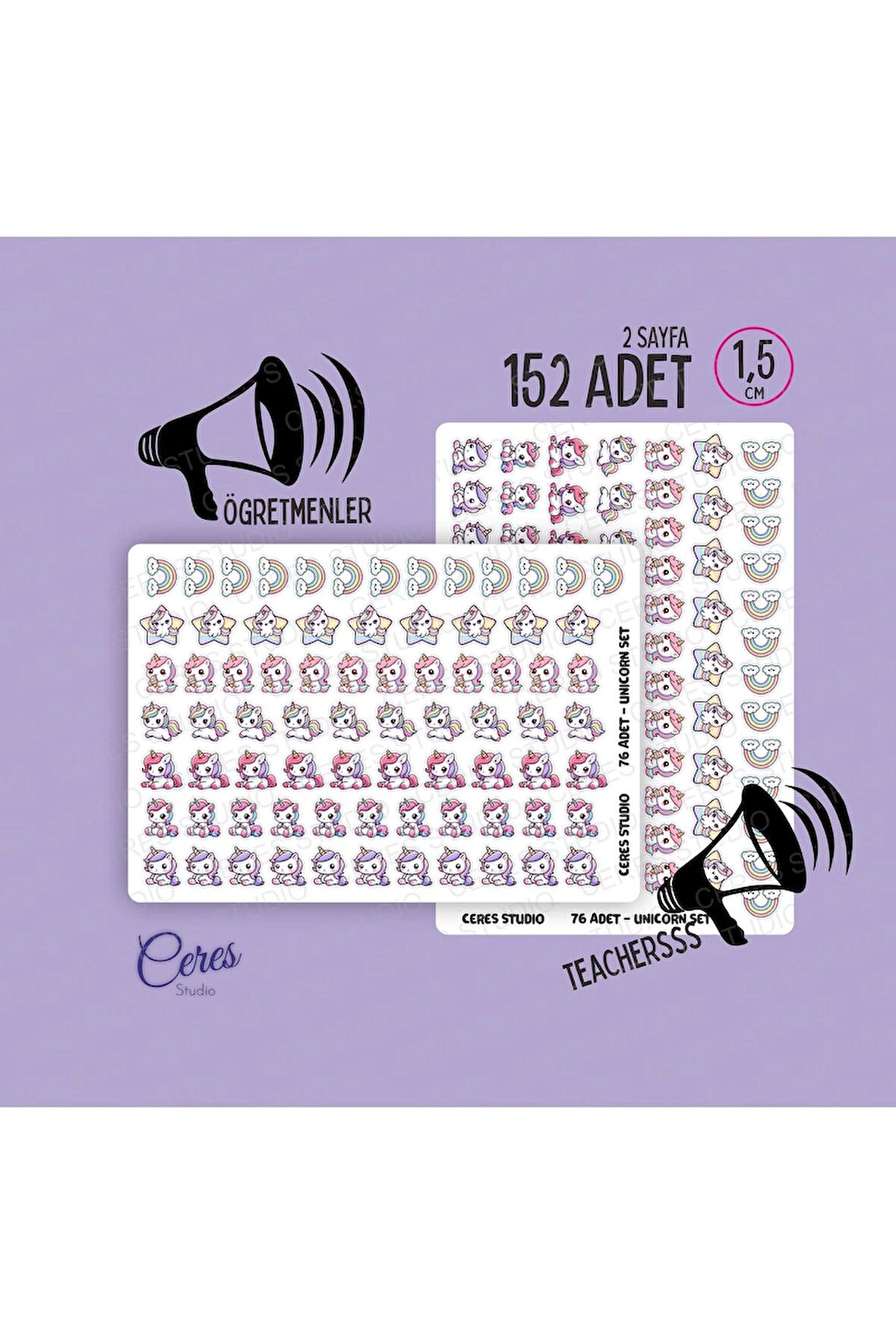 Sevimli Unicorn Sticker Etiket Seti - Laptop Telefon Defter Journal Etiketi