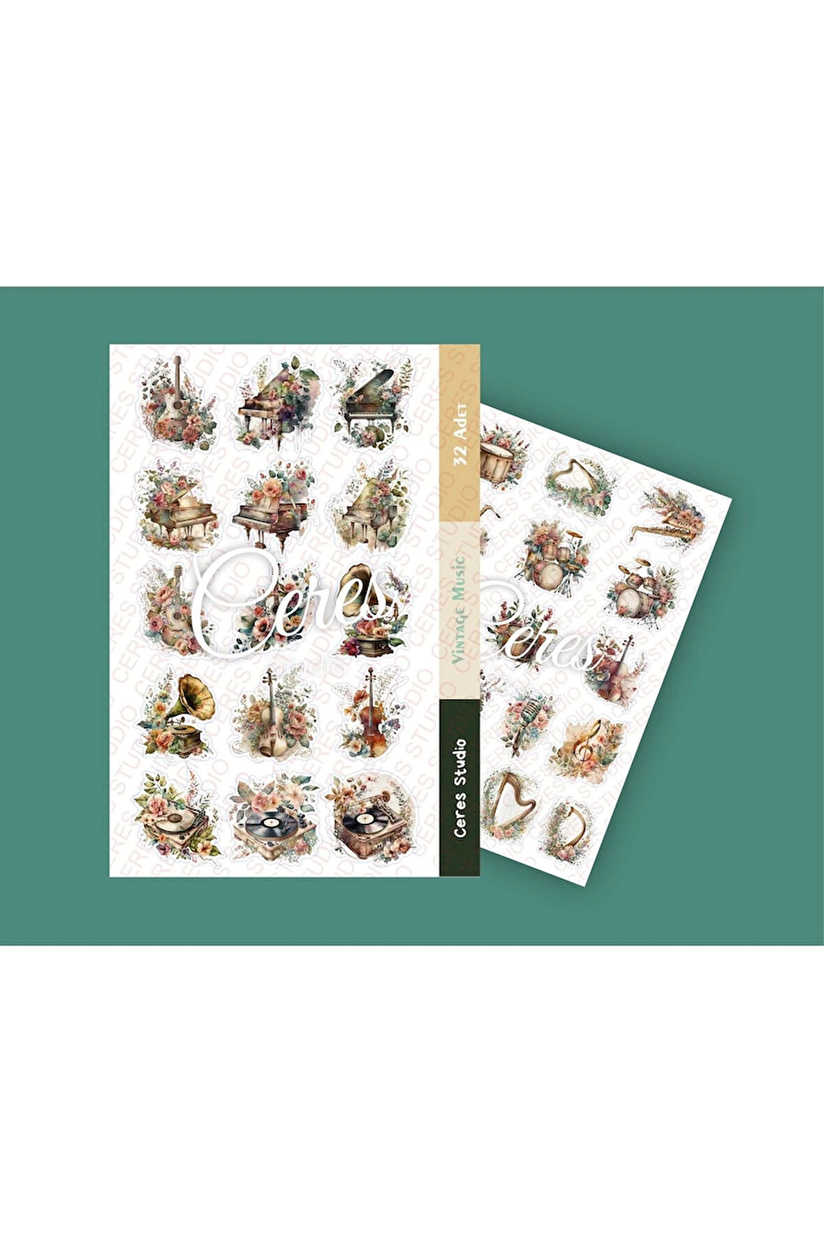 Vintage Müzik Aletleri Sticker Set Vintage Music 2 Sayfa 32 Adet Etiket Planlayıcı Bullet Journal