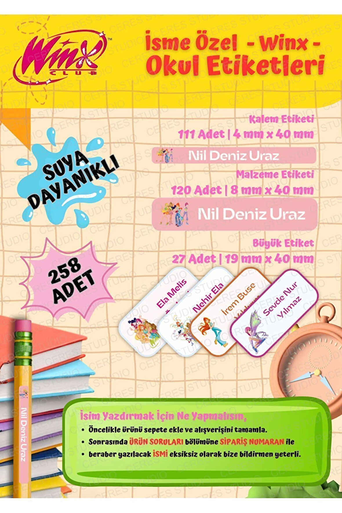 Winx Okul Etiketi Defter Etiketi Kalem Etiketi Kişiye Özel Suya Dayanıklı İsim Yazılabilien