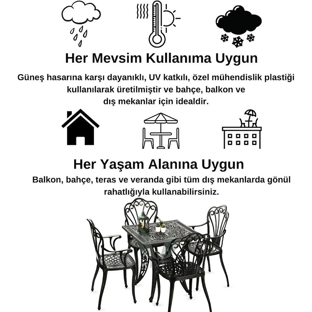 Ceritti Ferforje Görünümlü Masa ve Sandalye, Bahçe, Balkon ve Dış Mekanda Kullanılabilir, 2 Yıl Garantili, 150 kg Taşıma Kapasiteli, Plastik Kare Masa ve Sandalye Takımı