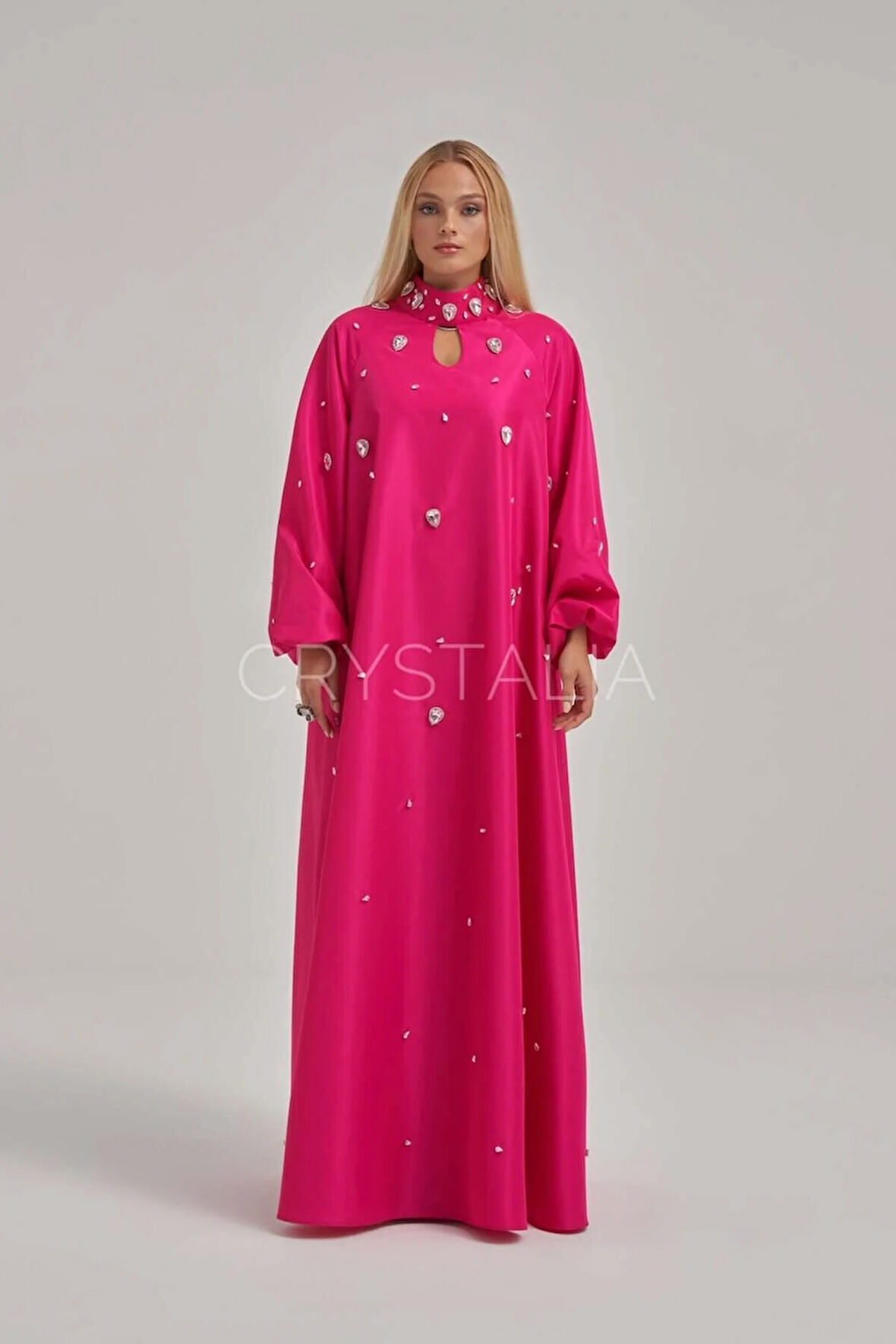 Tafta Özel Tasarım Taşlı Fuşya Elbise