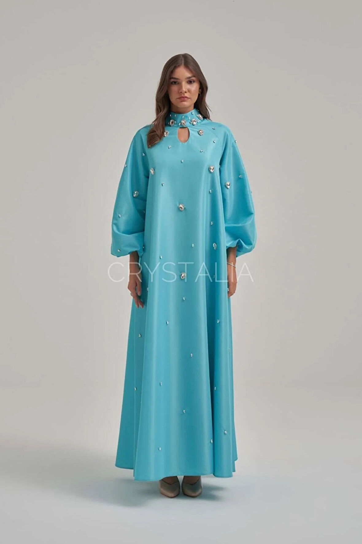 Tafta Özel Tasarım Taşlı Mavi Elbise