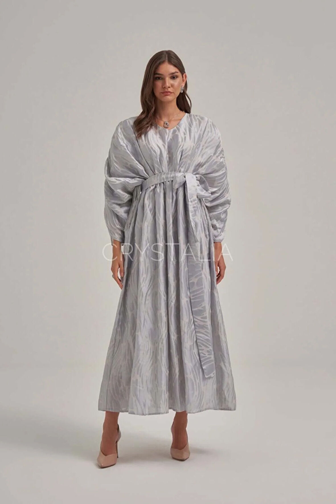 Desenli Püskül Detaylı Belden Bağlamalı Elbise