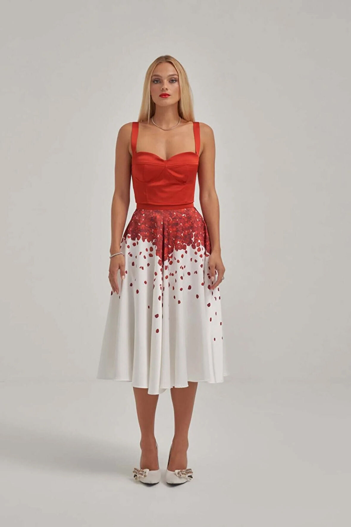 Askılı Saten Kısa Üst Desenli Balon Etek Takım