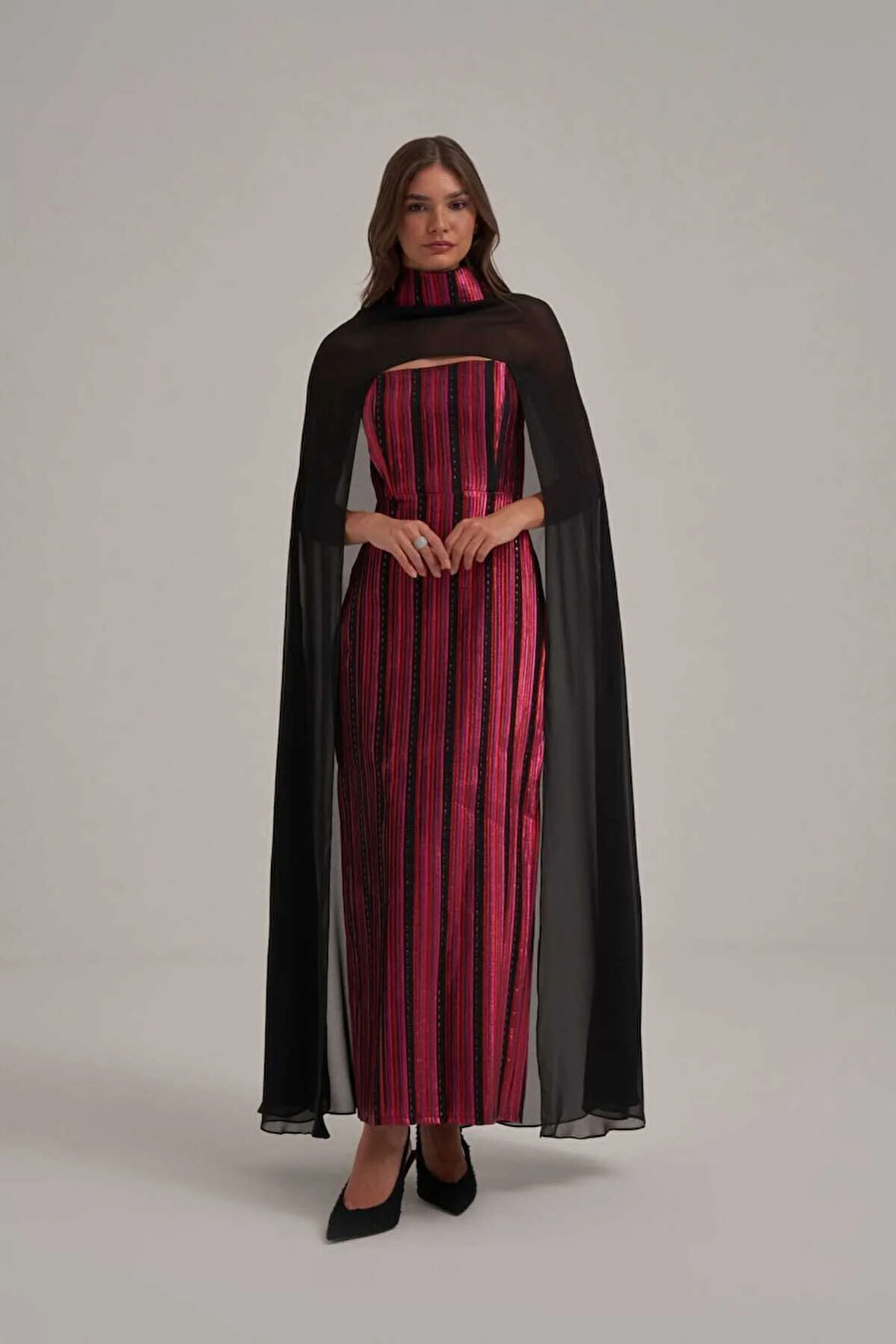 Straplez Şifon Şallı Desenli Parlak Jakar Kumaş Uzun Elbise