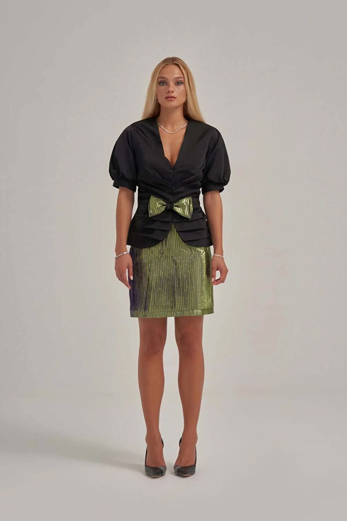 Saten Belden Büzgülü Ceket Şerit Desenli Jakar Kumaş Etek