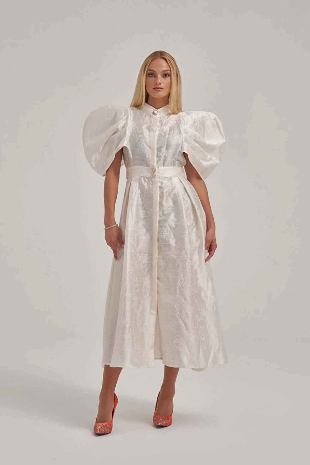 Desenli Özel Kumaş Balon Ve Vatka Görünümlü Midi Elbise