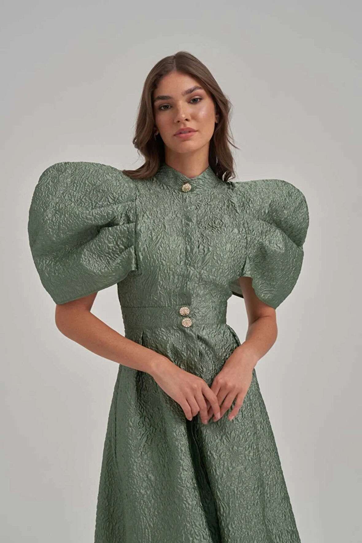 Desenli Özel Kumaş Balon Ve Vatka Görünümlü Midi Elbise